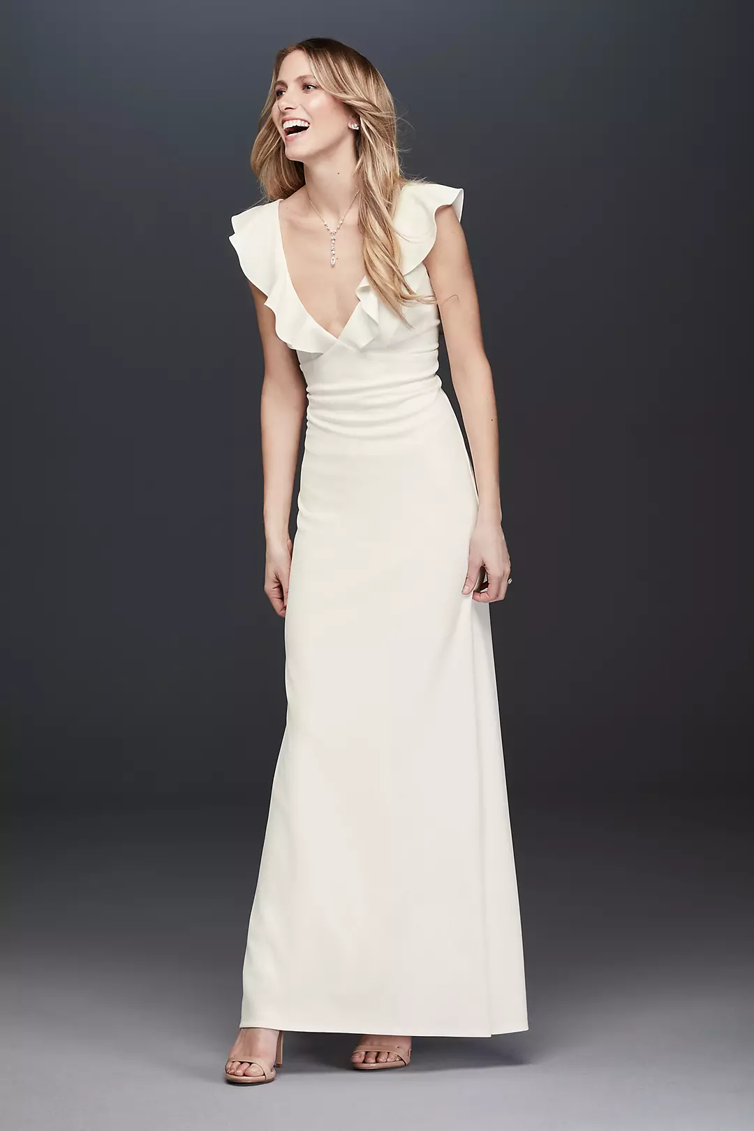 Plunging V-Neck Ruffle Strap Low Back Crepe Gown - Image 8