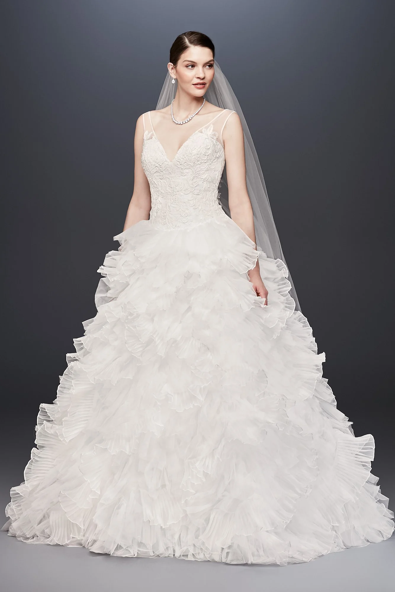 Plunging V-Neck Wedding Gown with Tiered Skirt - Image 4