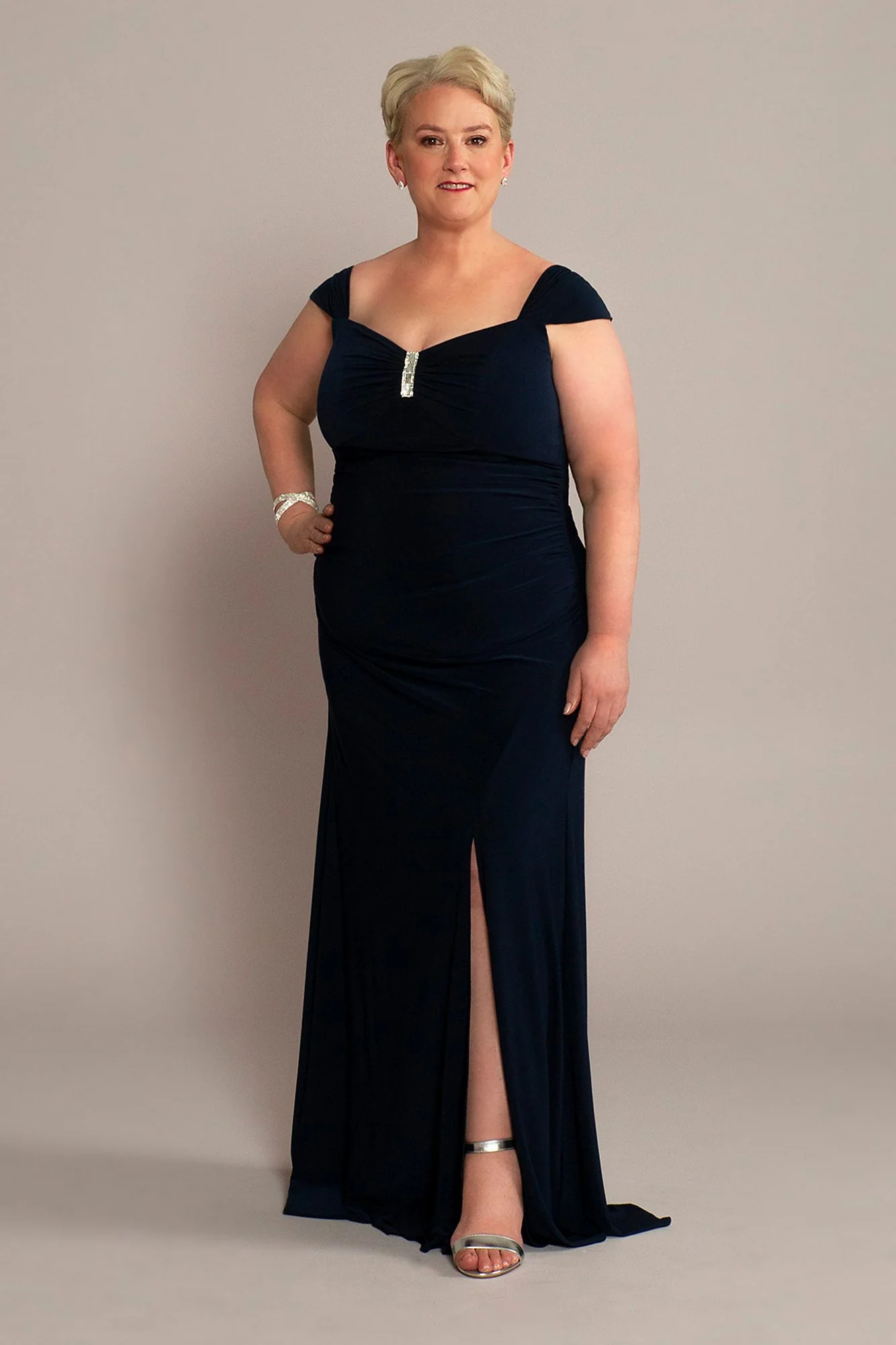 Plus Jersey Gown with Swag Sleeves and Crystals