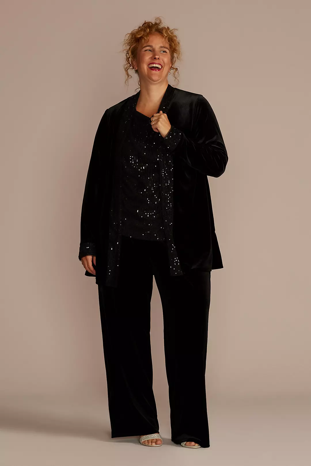 Plus Size Long Sleeve Velvet Sequin Pantsuit - Image 6