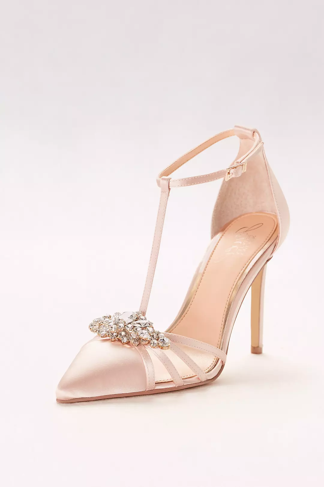 Pointed Satin T-Strap Heels with Crystal Ornament - Image 2