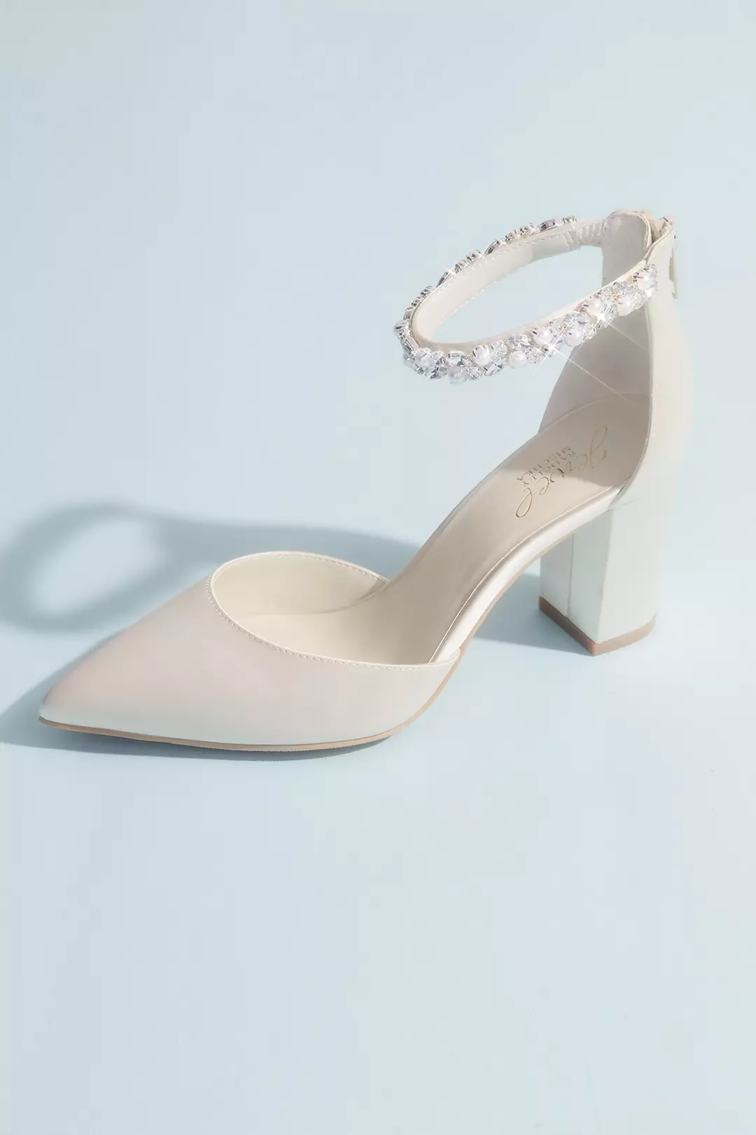 Pointed Toe Satin Block Heels with Crystal Strap - Image 3