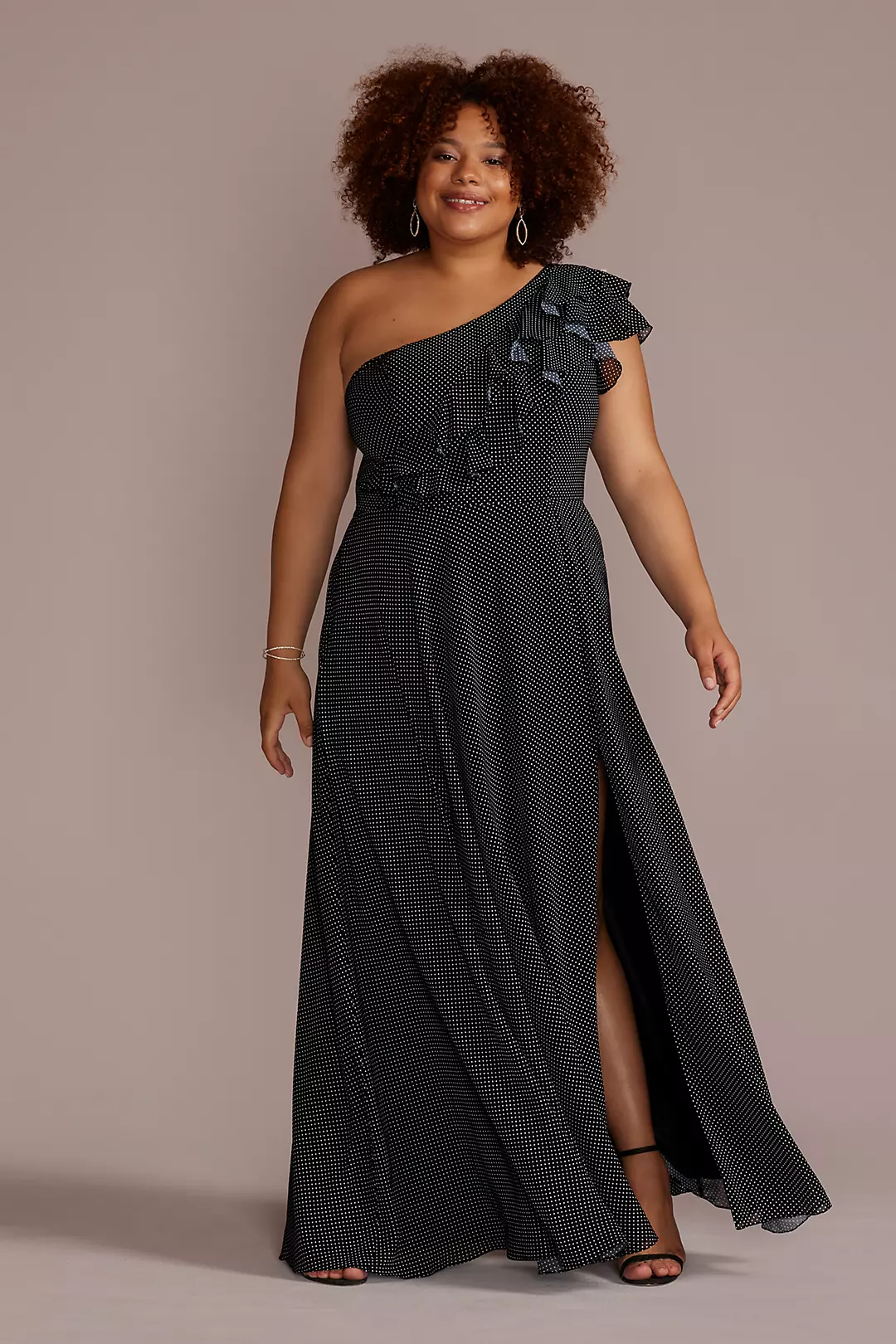 Polka Dot One-Shoulder Ruffle A-Line Dress - Image 3