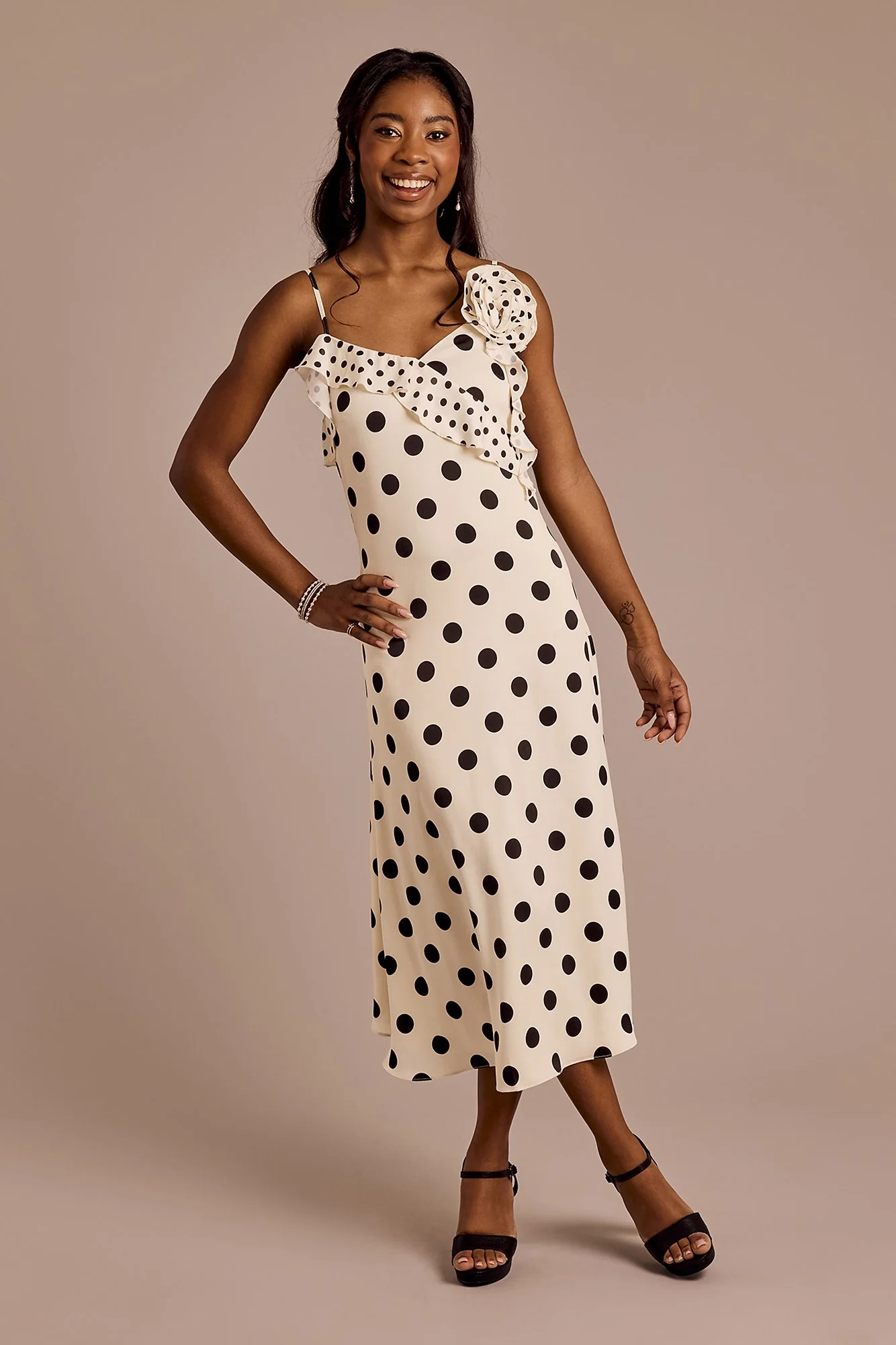 Polka Dot V-Neck Ruffle Sheath Dress