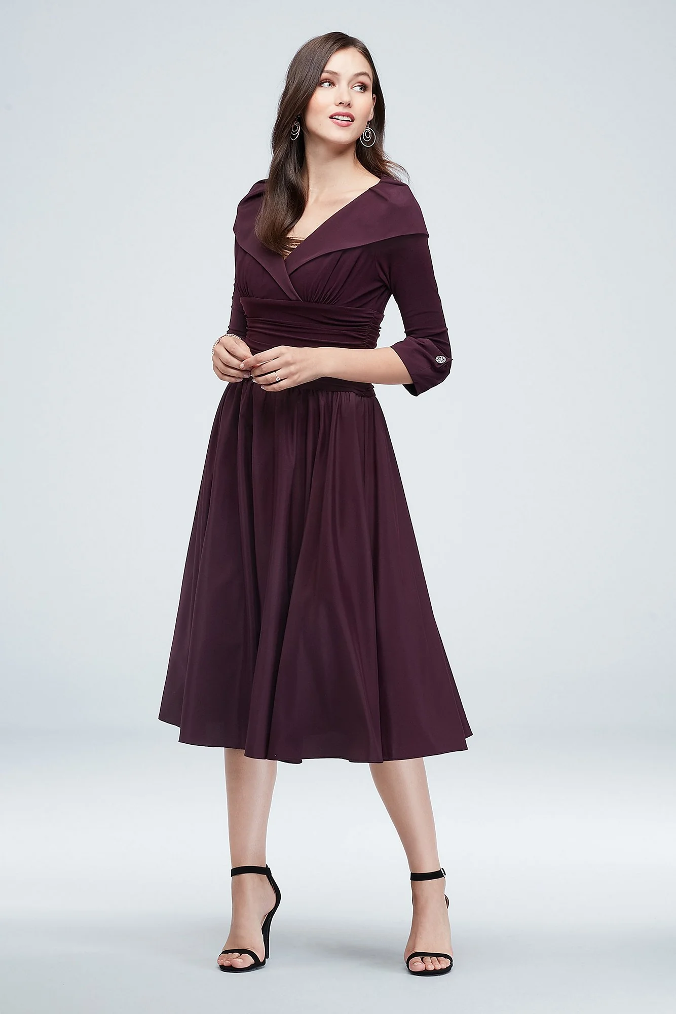 Portrait Collar and Cuff Sleeve Ruched Waist Dress
