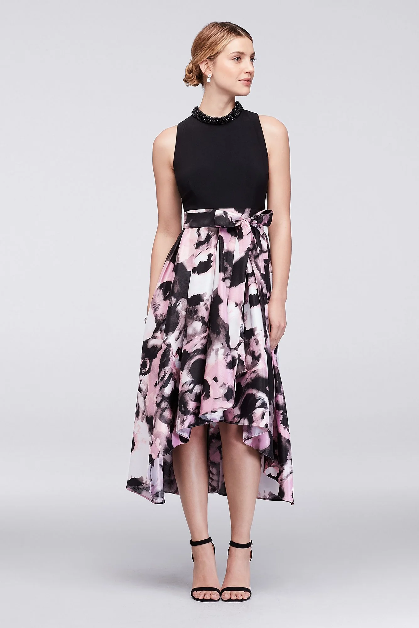 Printed Mikado Ball Gown with Beaded High Neckline