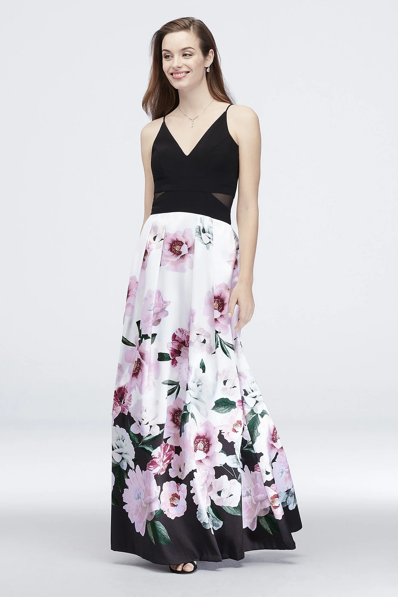 Printed Mikado V-Neck Dress with Illusion Cutouts