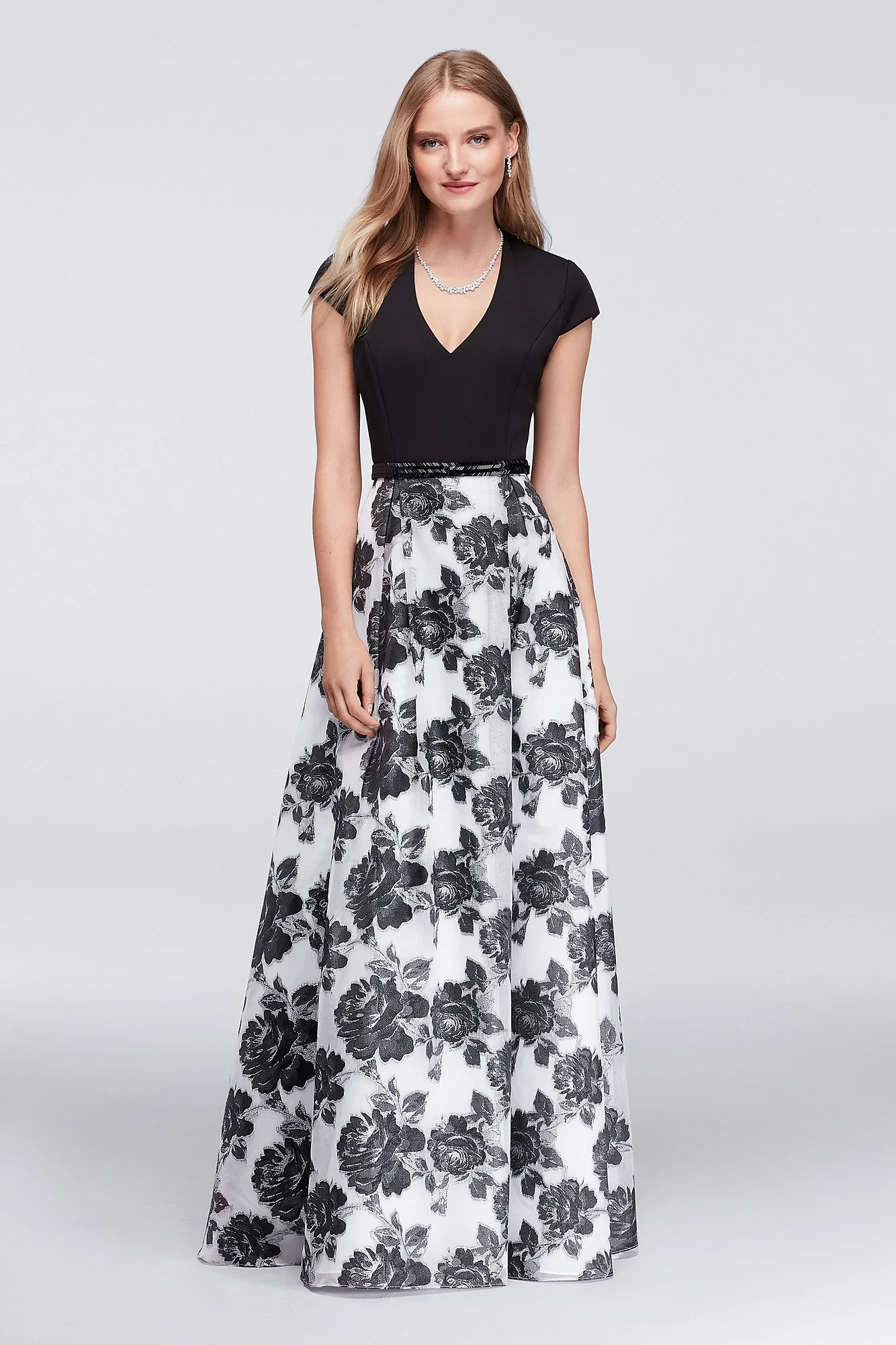 Printed Organza Cap Sleeve Ball Gown