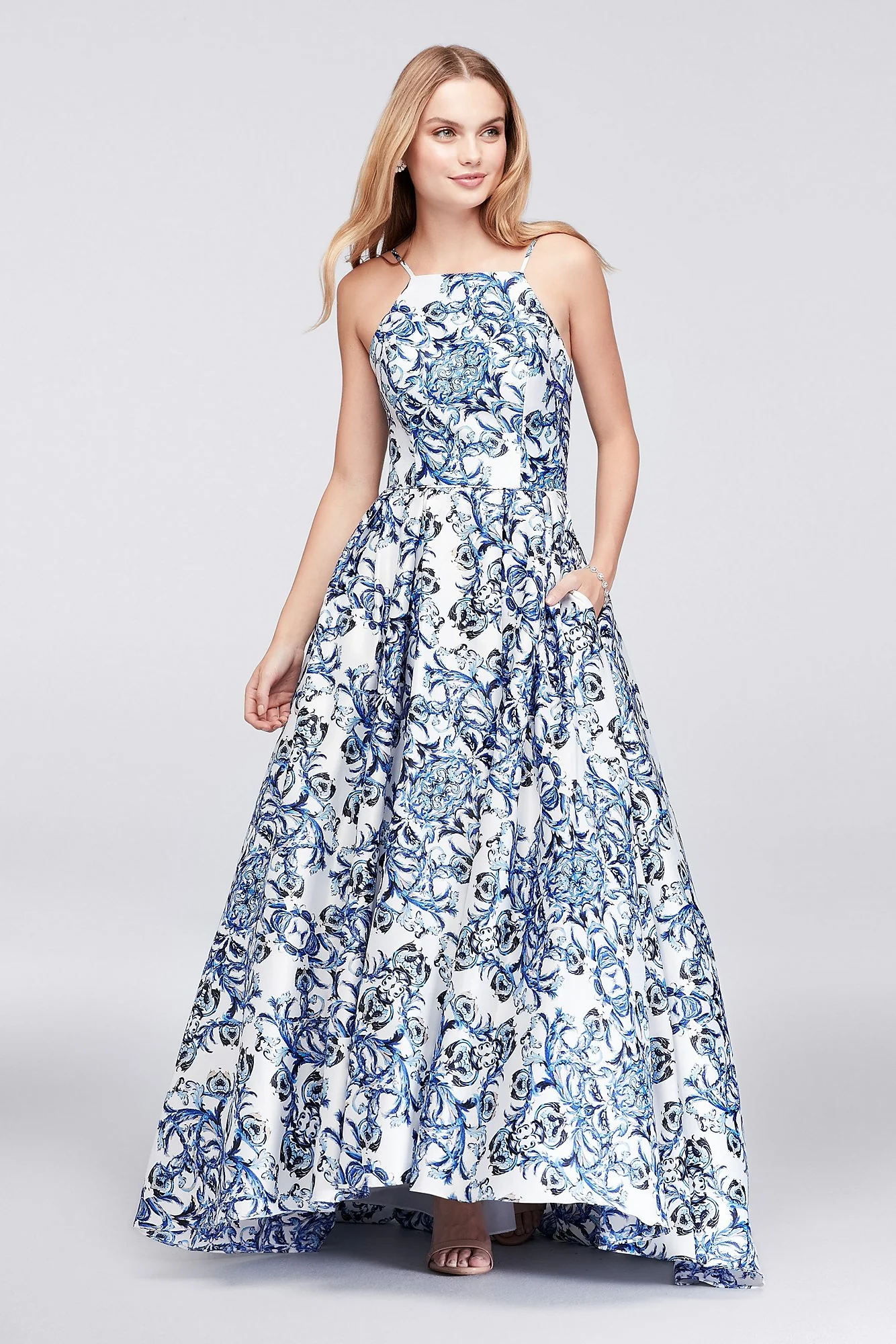Printed Satin Halter Ball Gown with Lace-Up Back