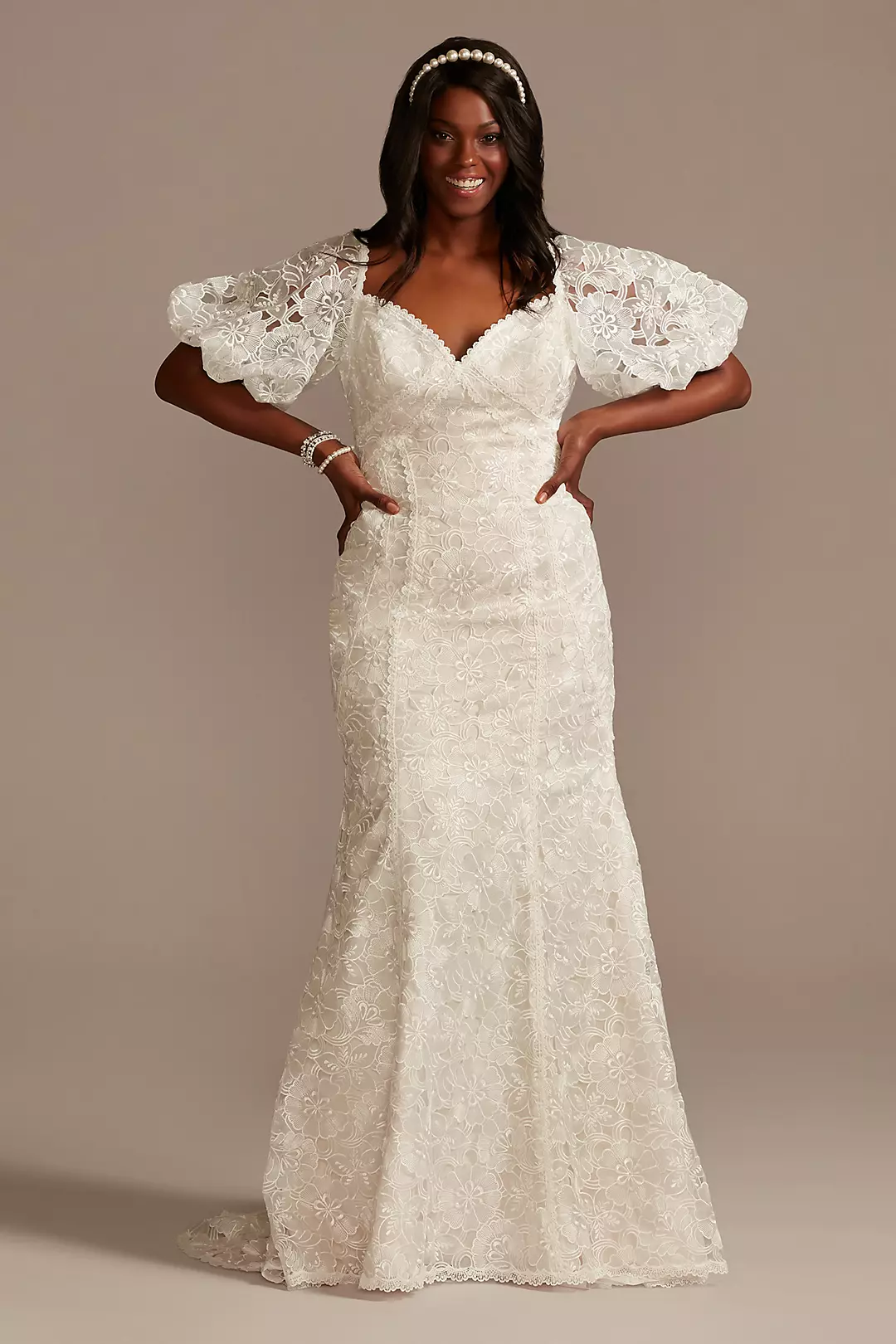 Puff Sleeve Floral Wedding Dress with Low Back - Image 4