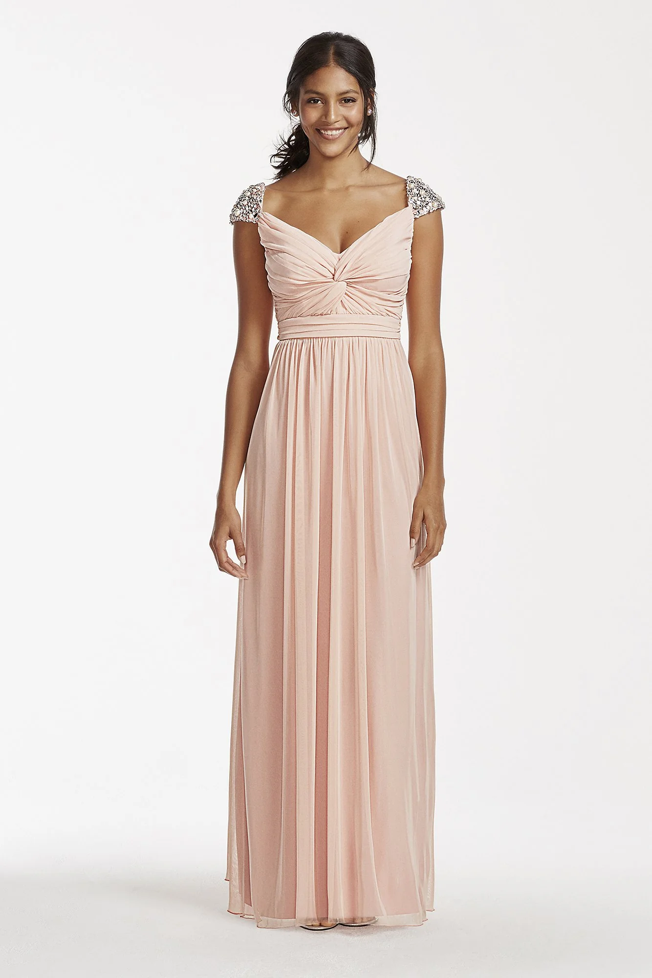 Rhinestone Beaded Cap Sleeve Floor Length Dress
