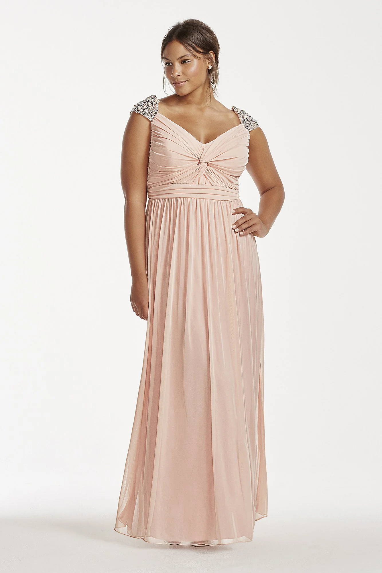 Rhinestone Beaded Cap Sleeve Floor Length Dress - Image 3