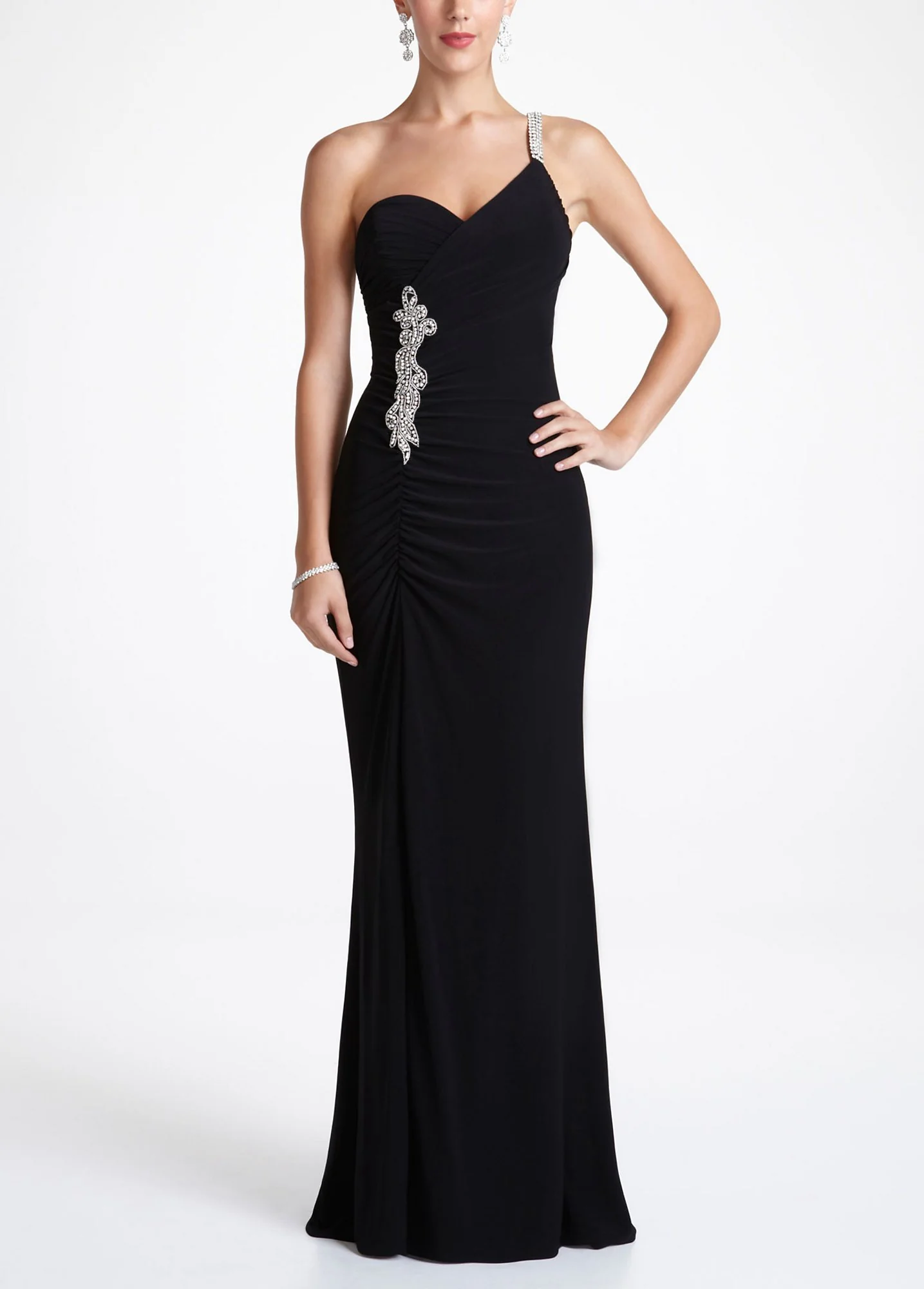 Rhinestone One Shoulder Jersey Prom Dress