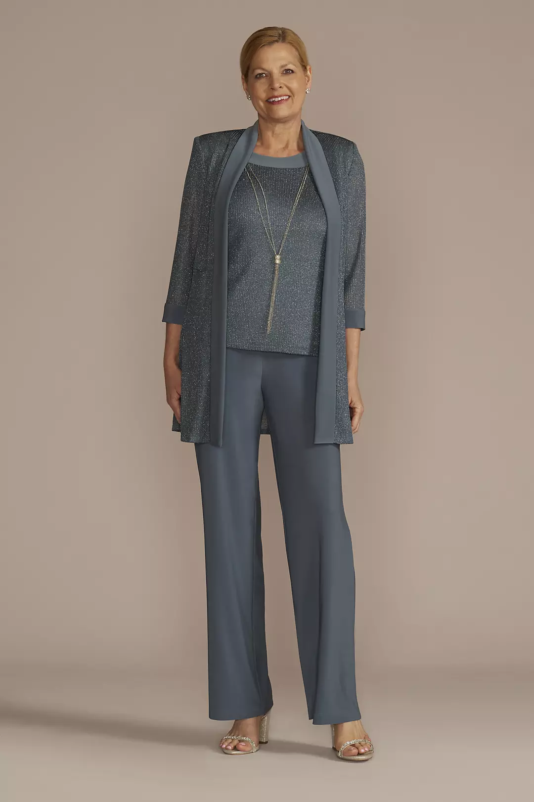 Ribbed Metallic Pantsuit with Necklace - Image 4