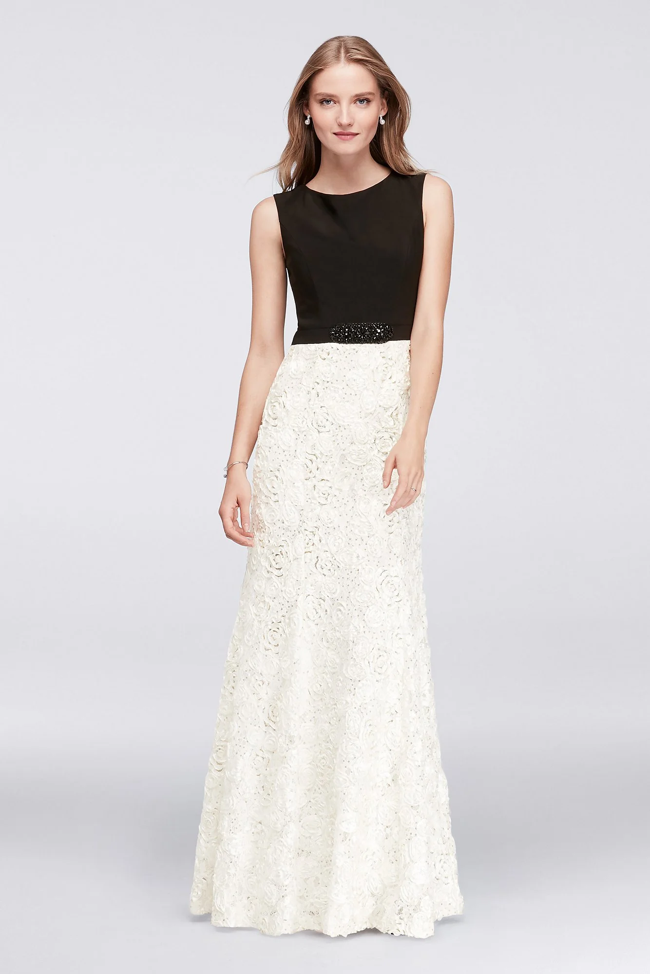 Rosette Lace A-Line Dress with Beaded Waist