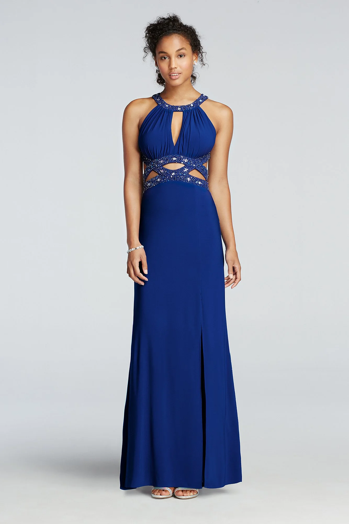 Round Halter Jersey Prom Dress with Cut Out Detail