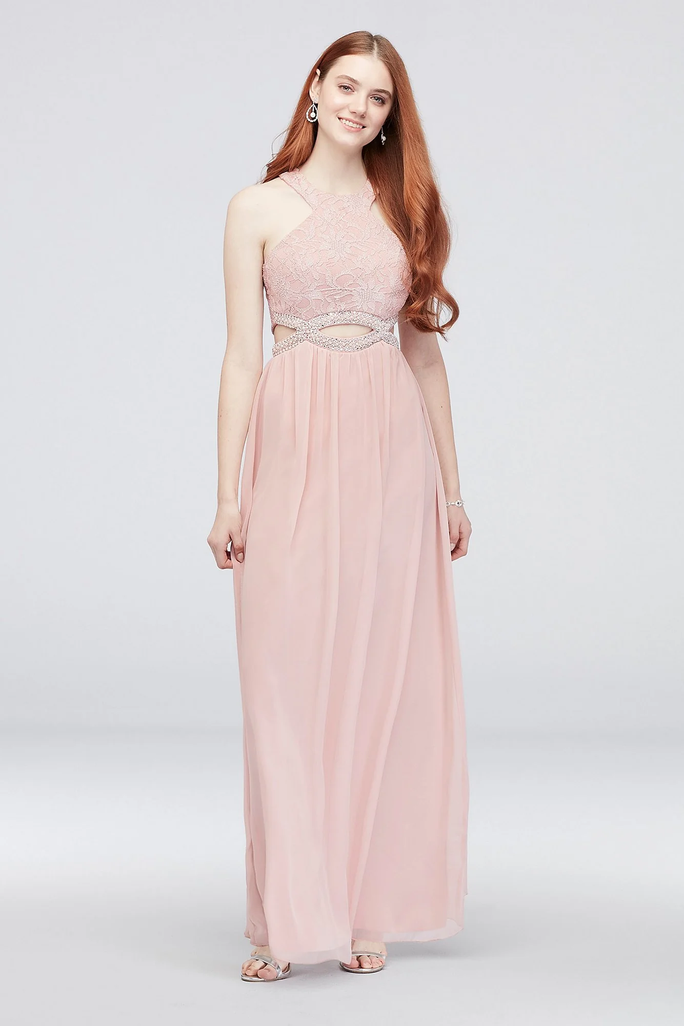 Round-Neck Lace and Chiffon Dress with Cutouts