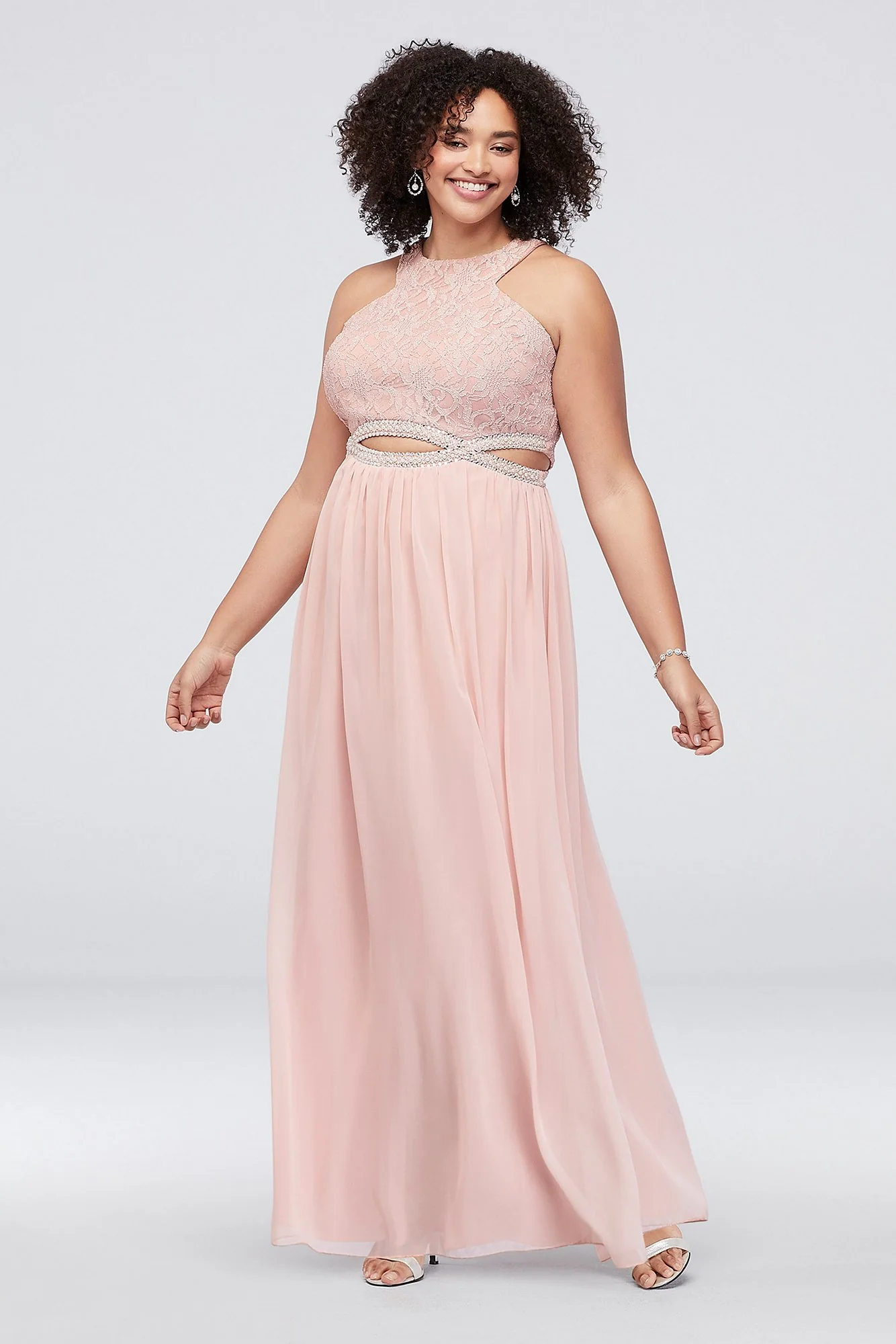 Round-Neck Lace and Chiffon Dress with Cutouts - Image 3