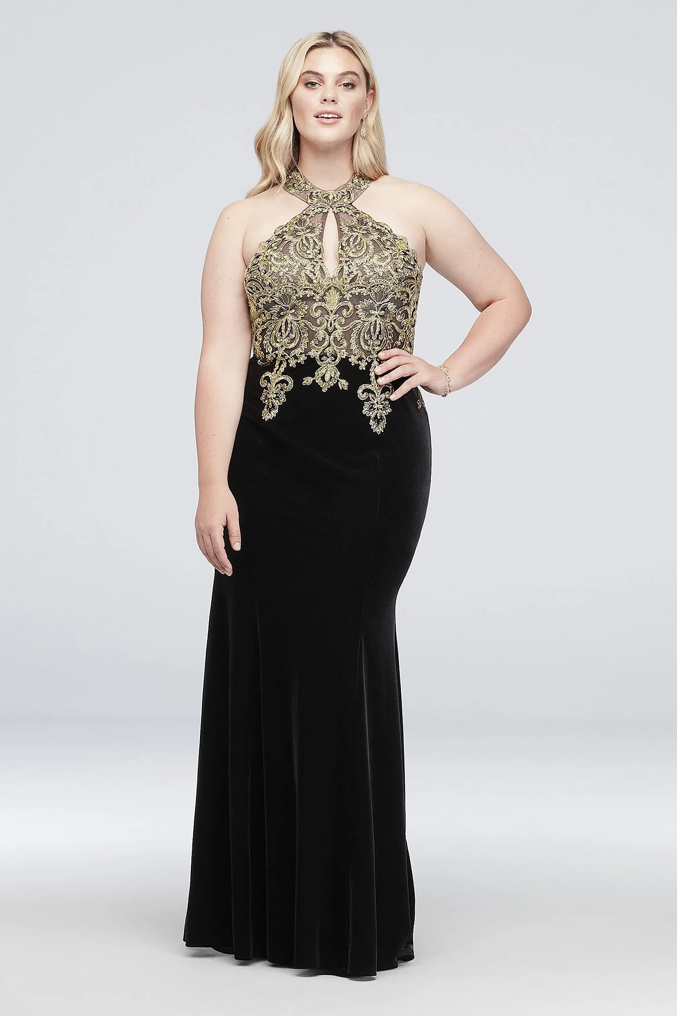 Round Neck Metallic Lace and Velvet Halter Gown - Image 3