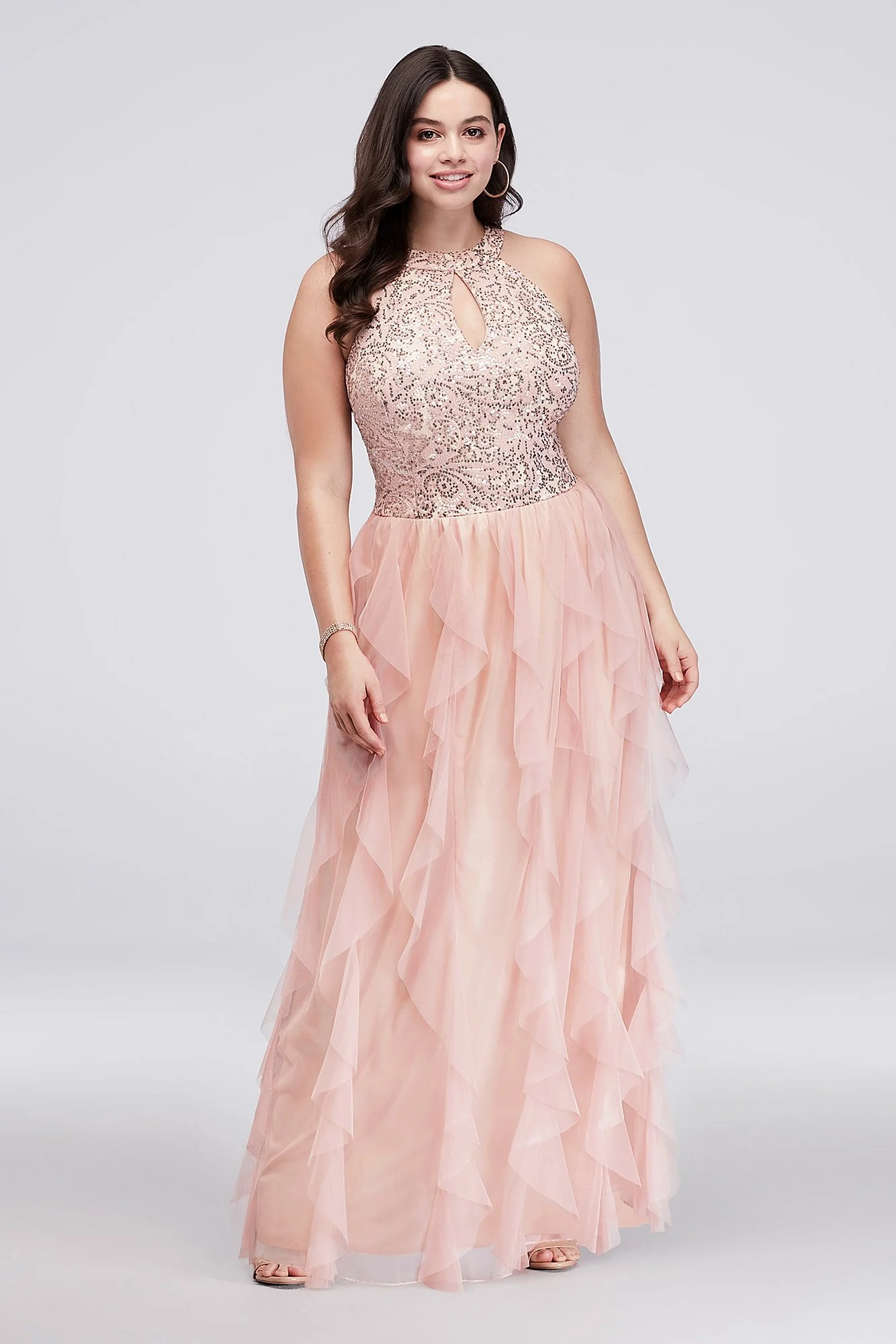 Round-Neck Sequin Halter Gown with Ruffled Skirt - Image 2