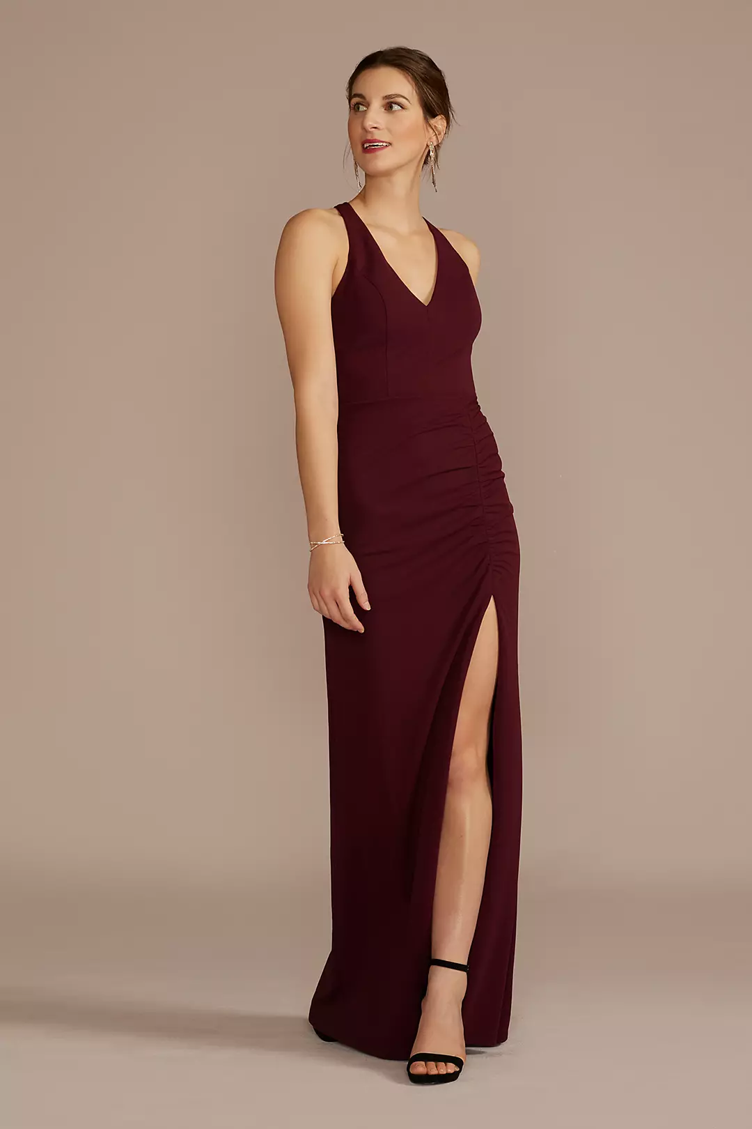 Ruched Crepe Halter Neck Sheath with Slit - Image 4