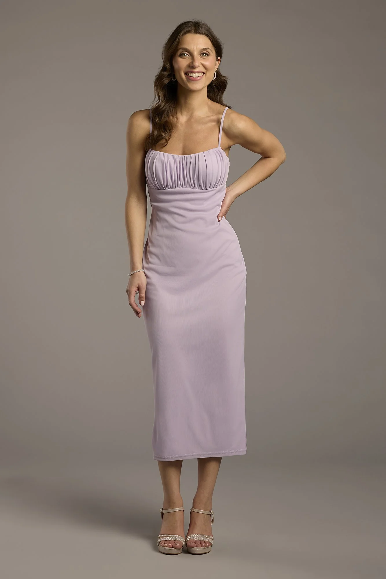 Ruched Empire Mesh Sheath Midi Dress