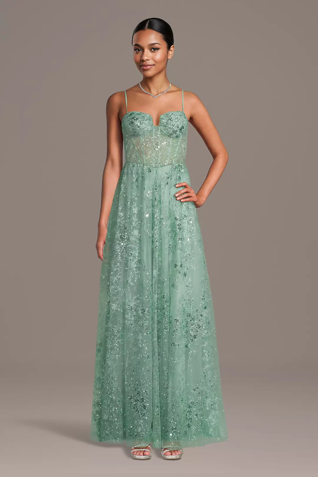 Ruched Glitter Illusion Corset A-Line Dress