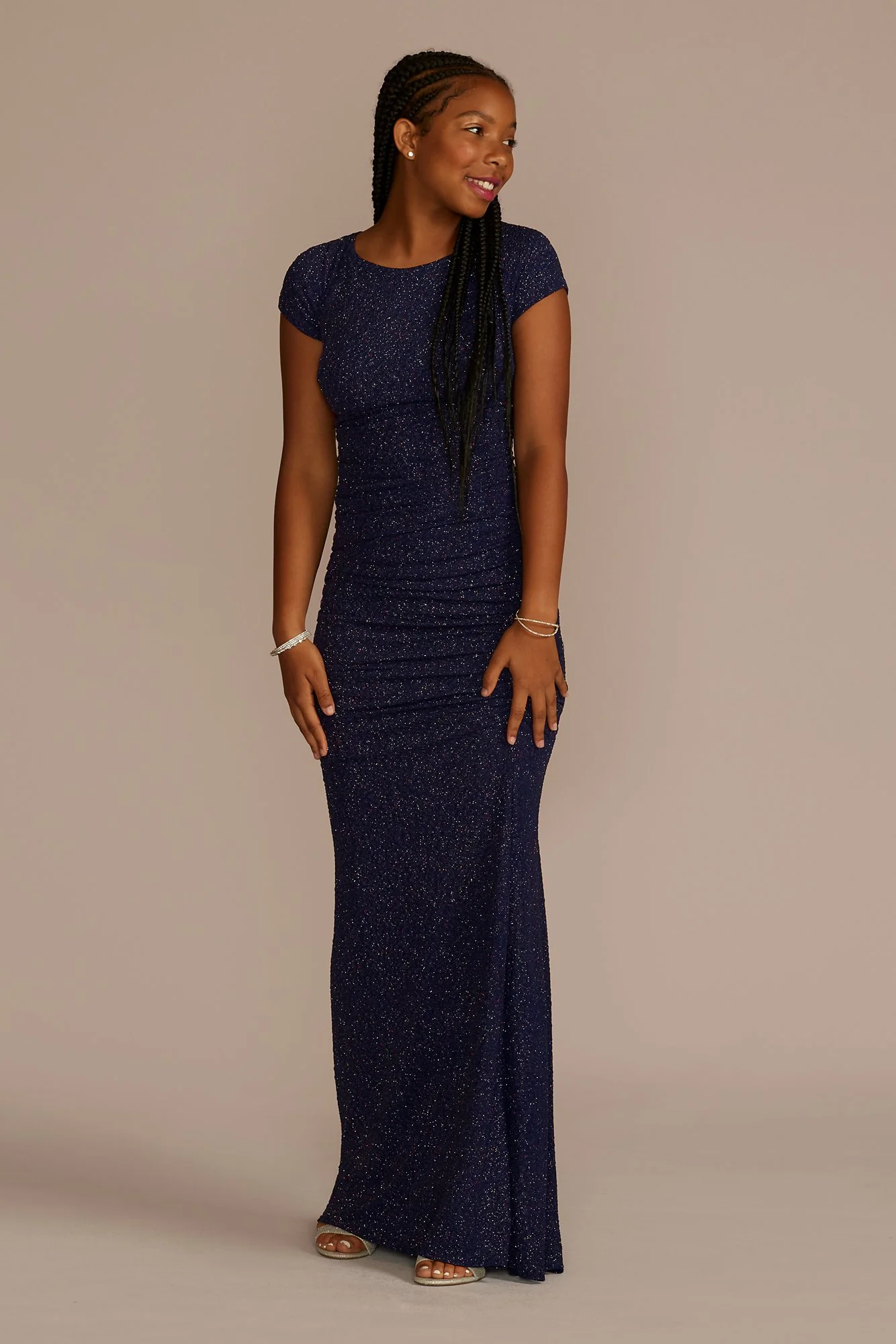 Ruched Glitter Knit Cap Sleeve Sheath