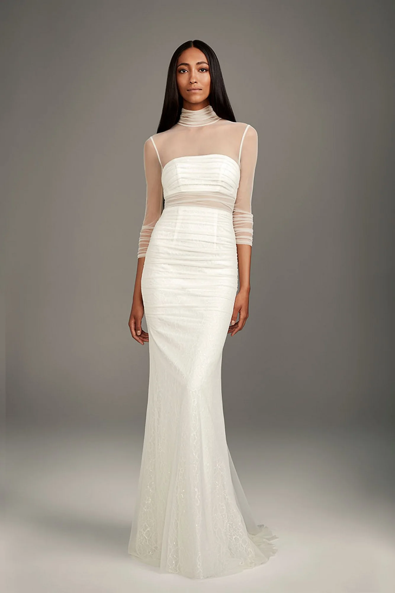 Ruched Illusion High-Neck Bandeau Sheath Gown