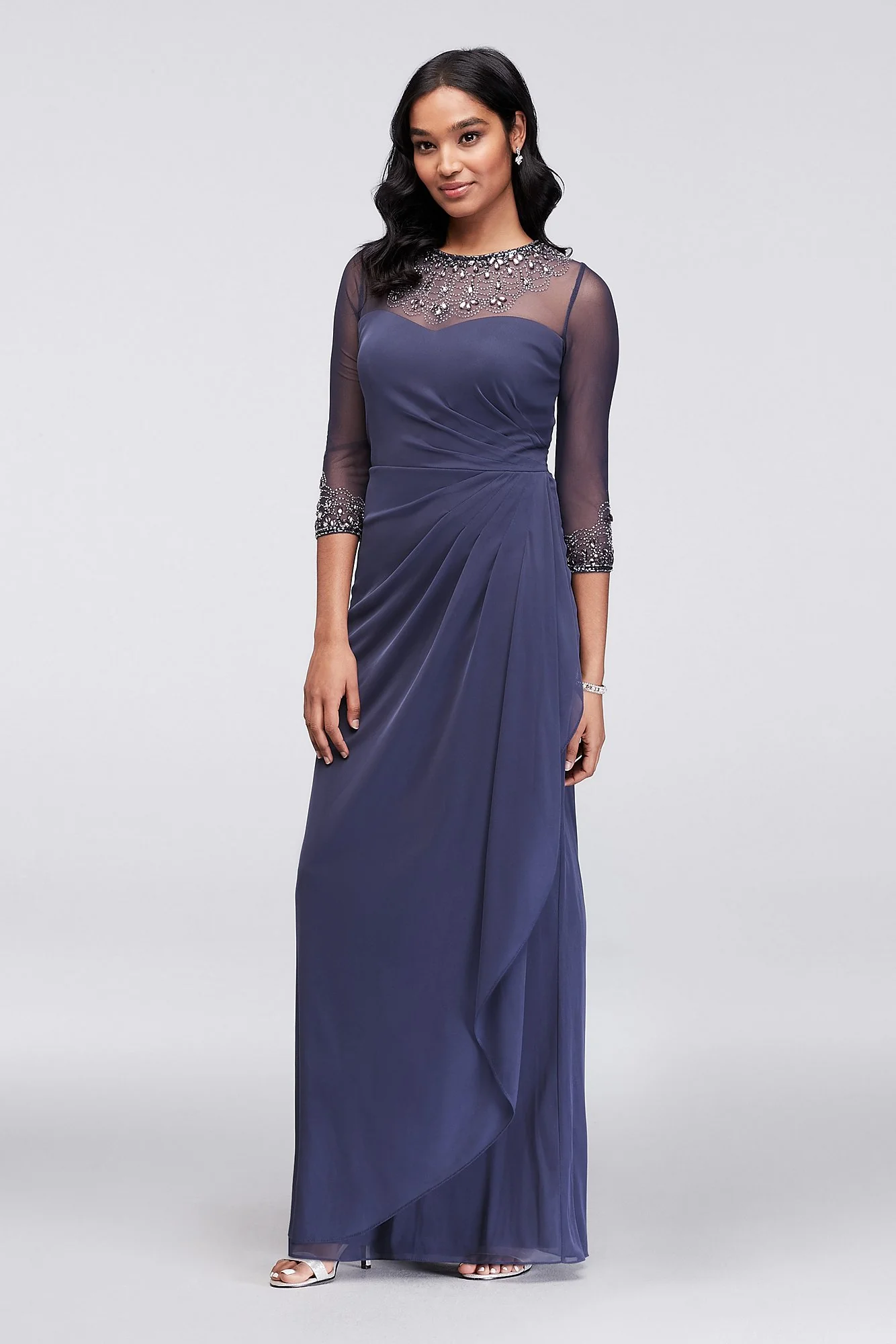 Ruched Illusion Mesh Sheath Gown Jeweled Neck - Image 2