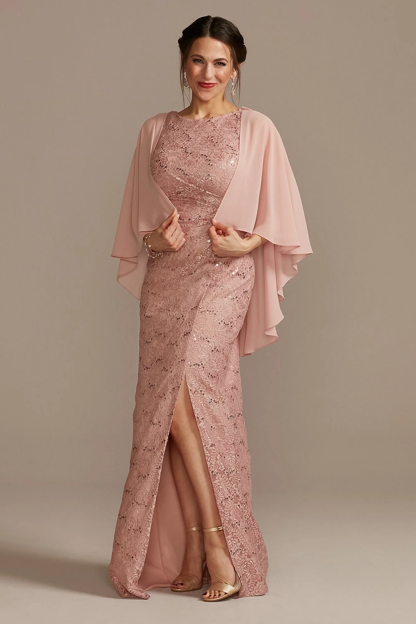 Draped Lace Floor-Length Dress with Matching Shawl