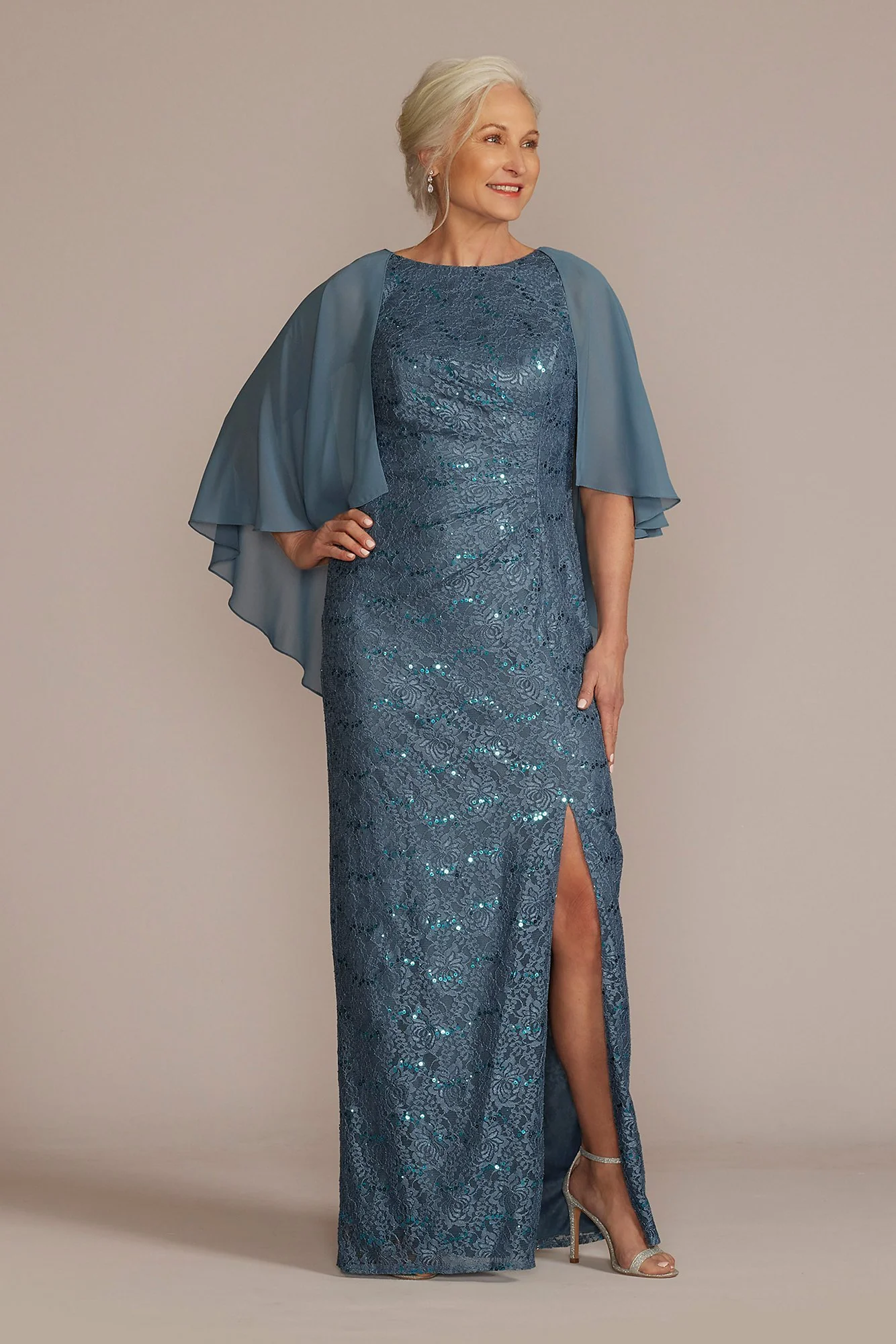 Draped Lace Floor-Length Dress with Matching Shawl - Image 2