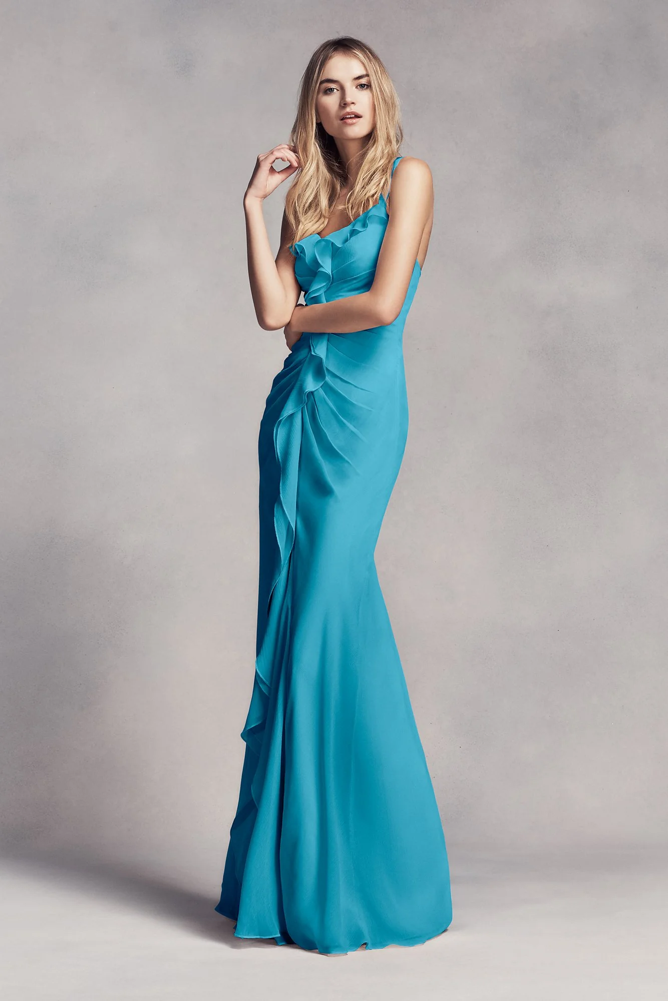 Ruched Long Bridesmaid Dress with Ruffles - Image 10
