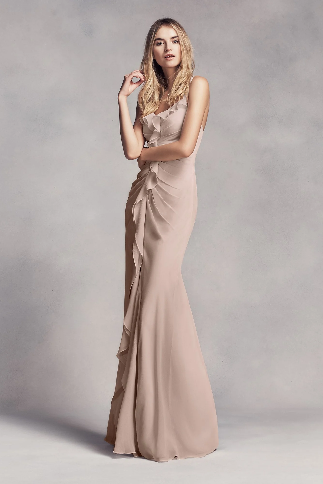 Ruched Long Bridesmaid Dress with Ruffles - Image 11