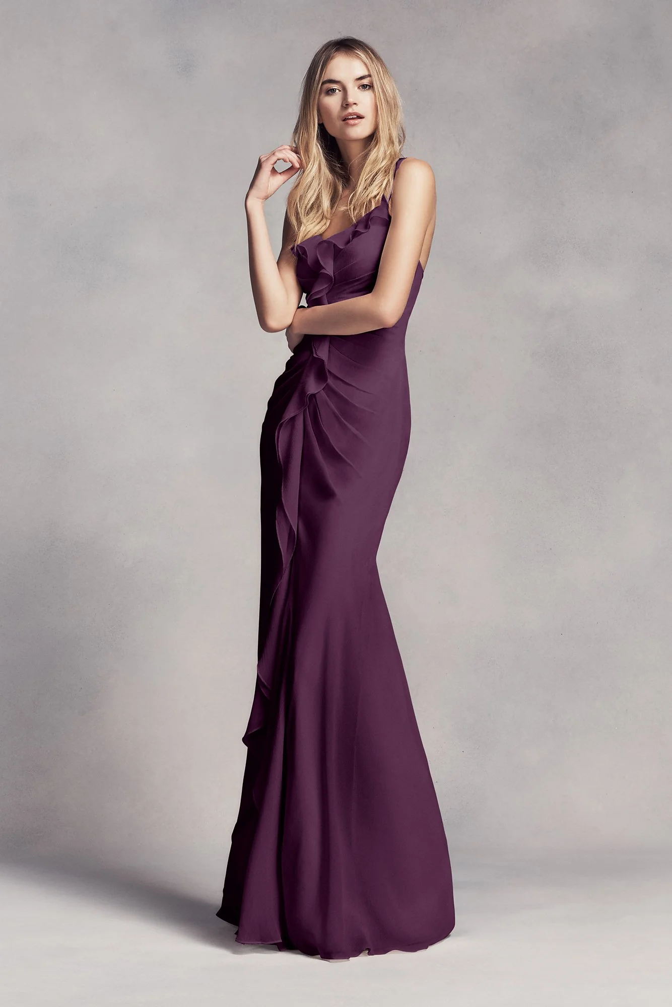 Ruched Long Bridesmaid Dress with Ruffles - Image 12