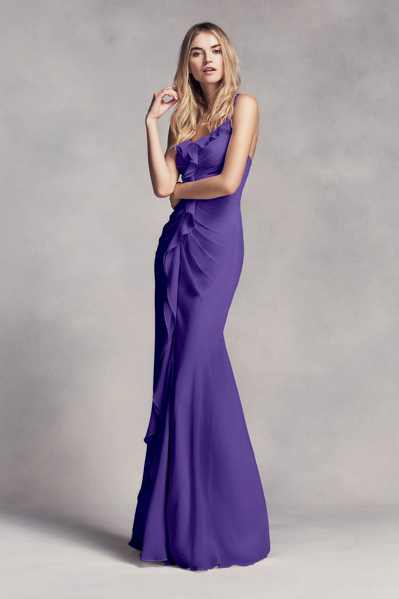 Ruched Long Bridesmaid Dress with Ruffles - Image 14