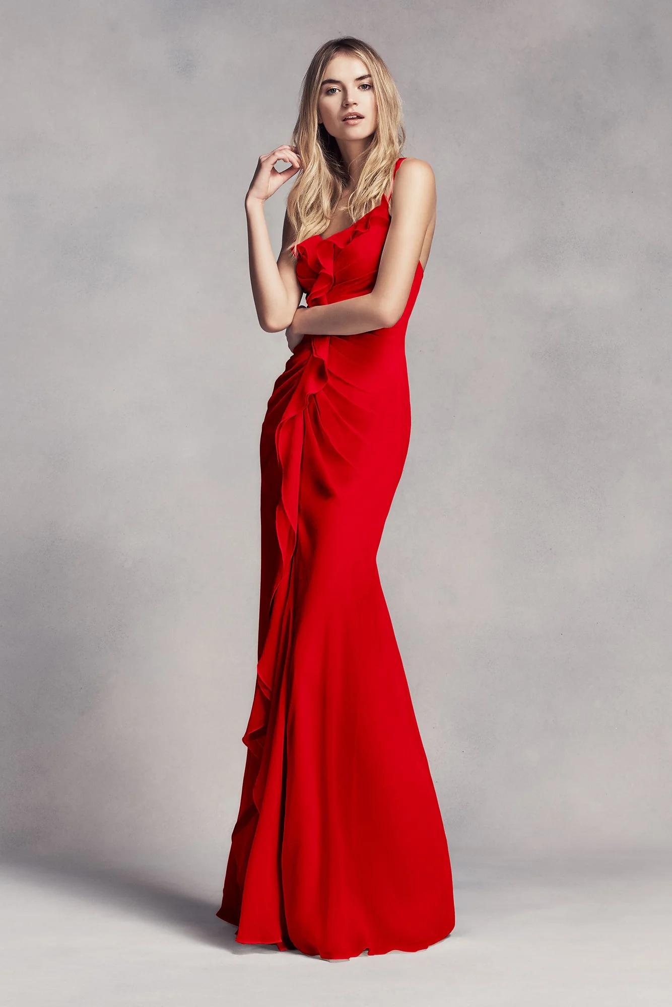 Ruched Long Bridesmaid Dress with Ruffles - Image 17