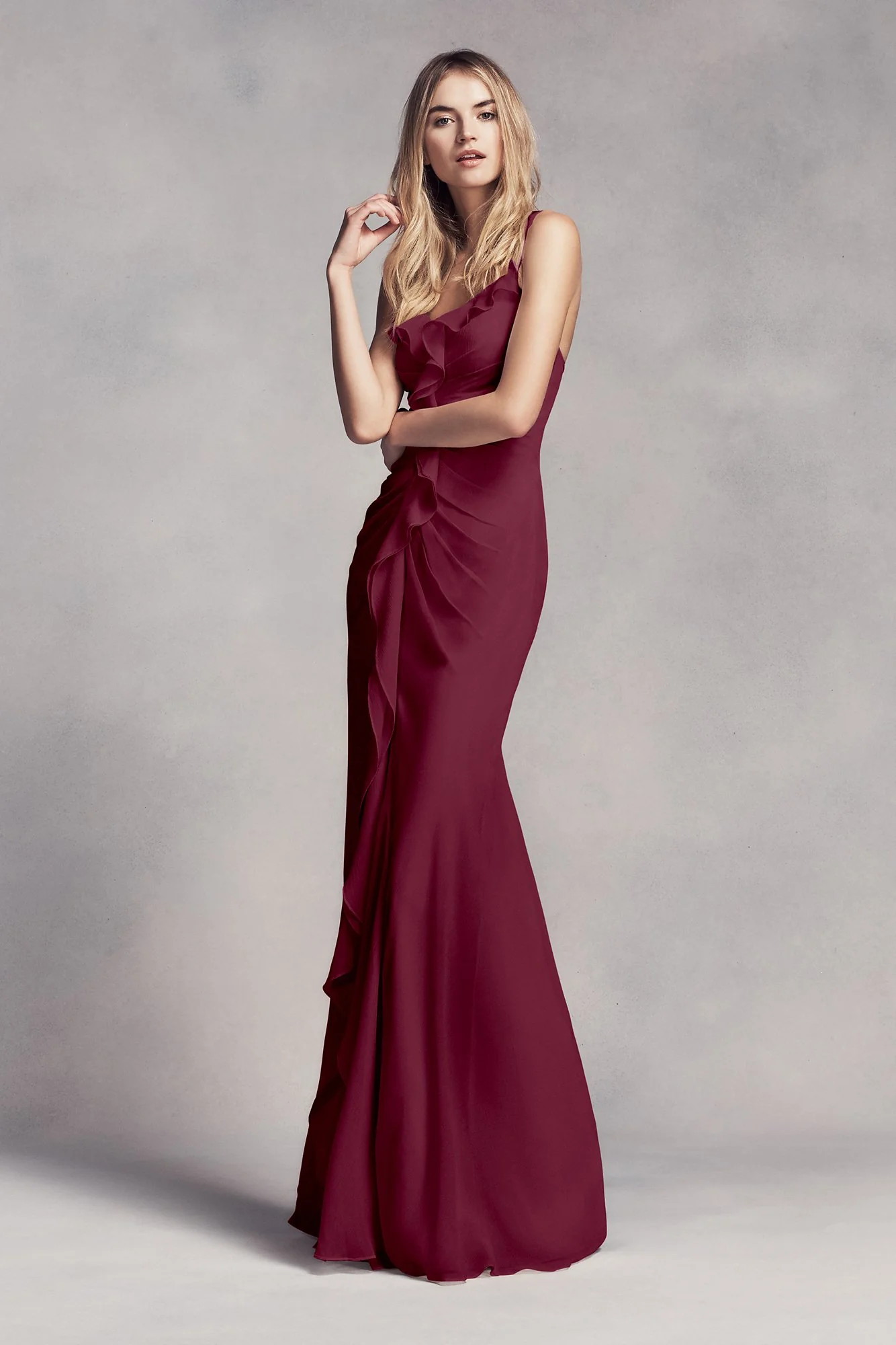 Ruched Long Bridesmaid Dress with Ruffles - Image 18