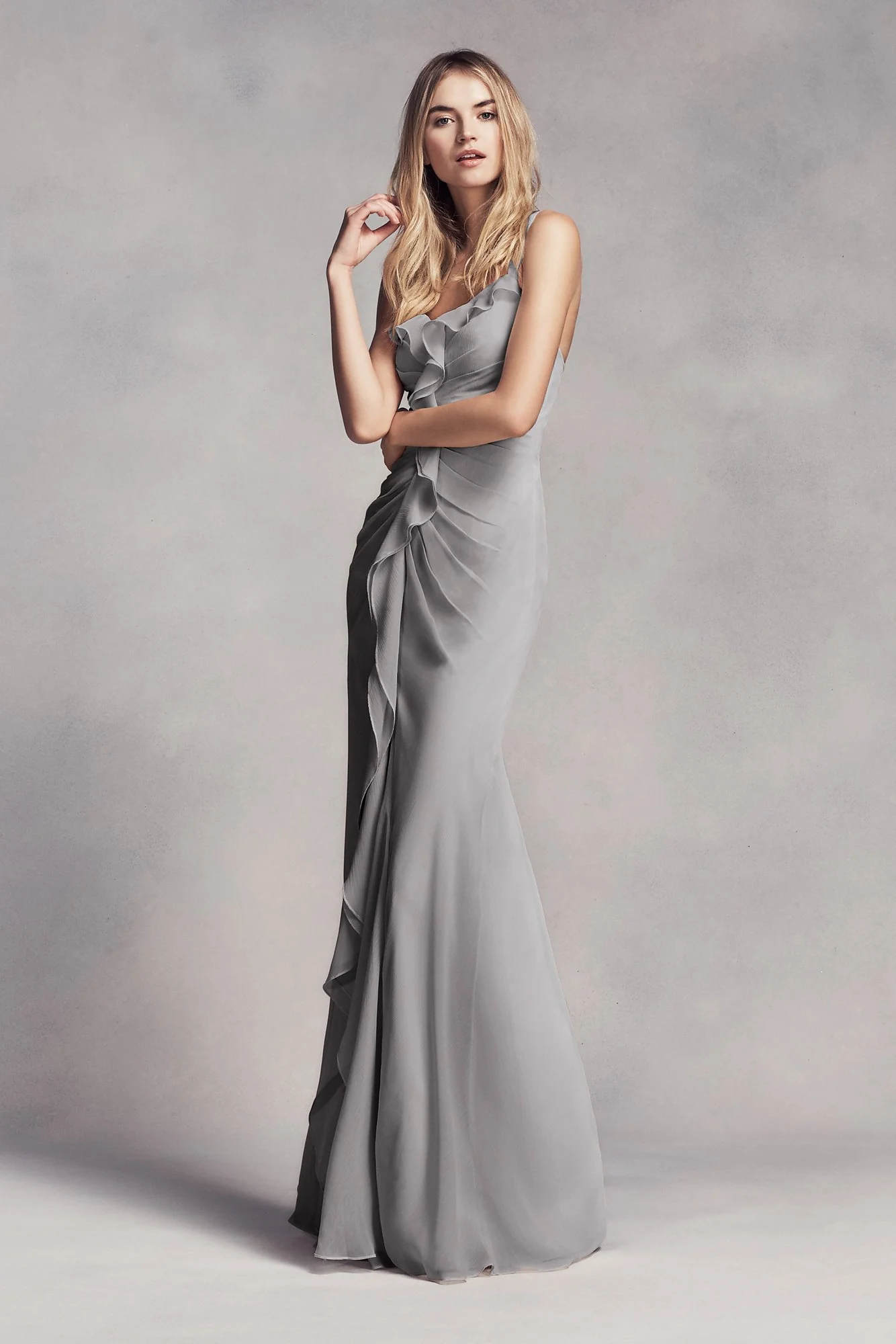 Ruched Long Bridesmaid Dress with Ruffles - Image 19