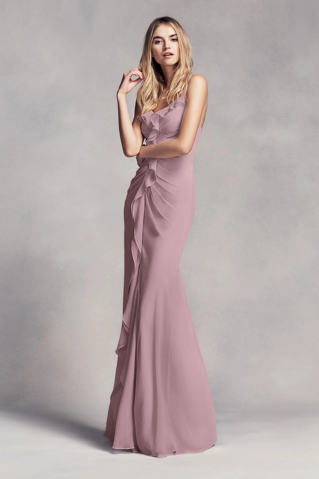 Ruched Long Bridesmaid Dress with Ruffles - Image 20