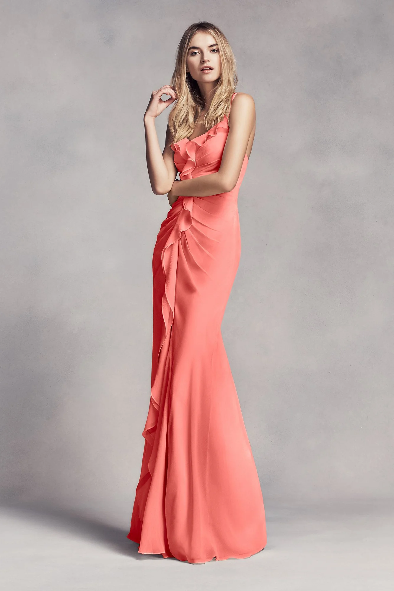 Ruched Long Bridesmaid Dress with Ruffles - Image 21