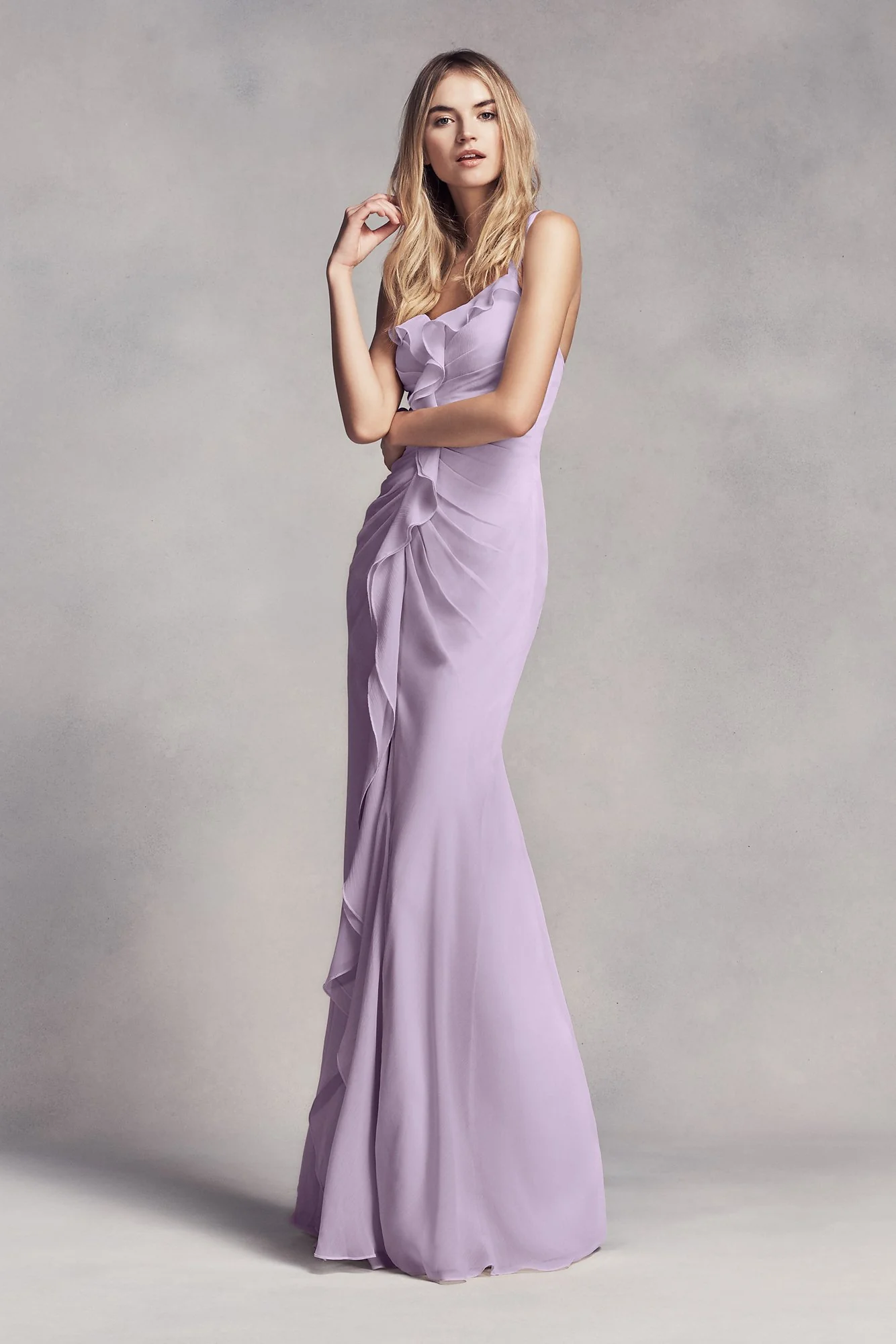 Ruched Long Bridesmaid Dress with Ruffles - Image 23