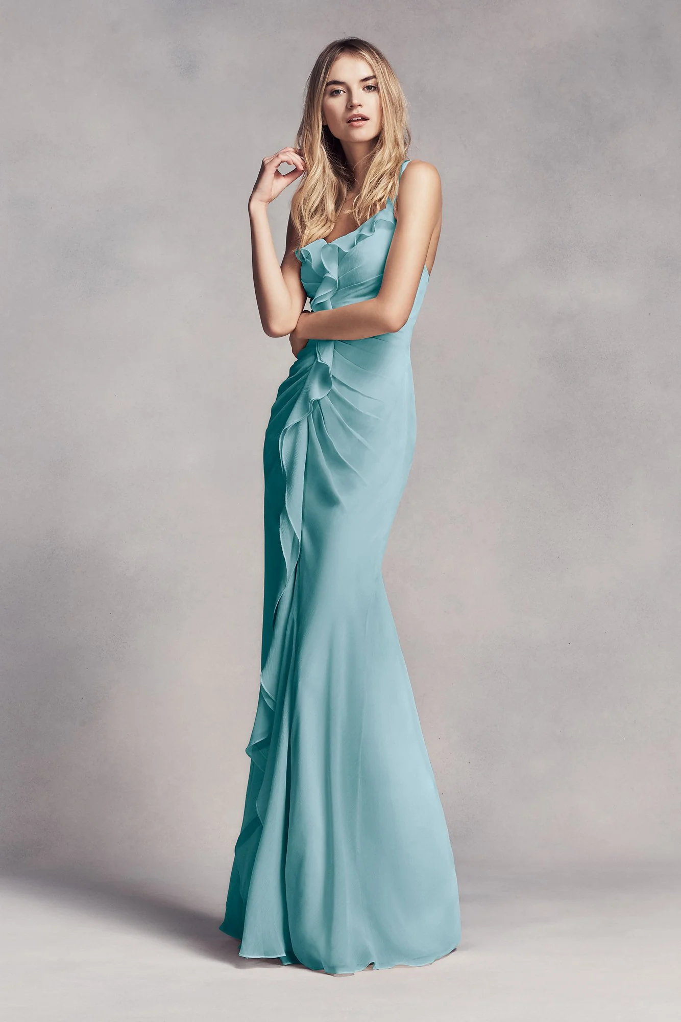 Ruched Long Bridesmaid Dress with Ruffles - Image 24