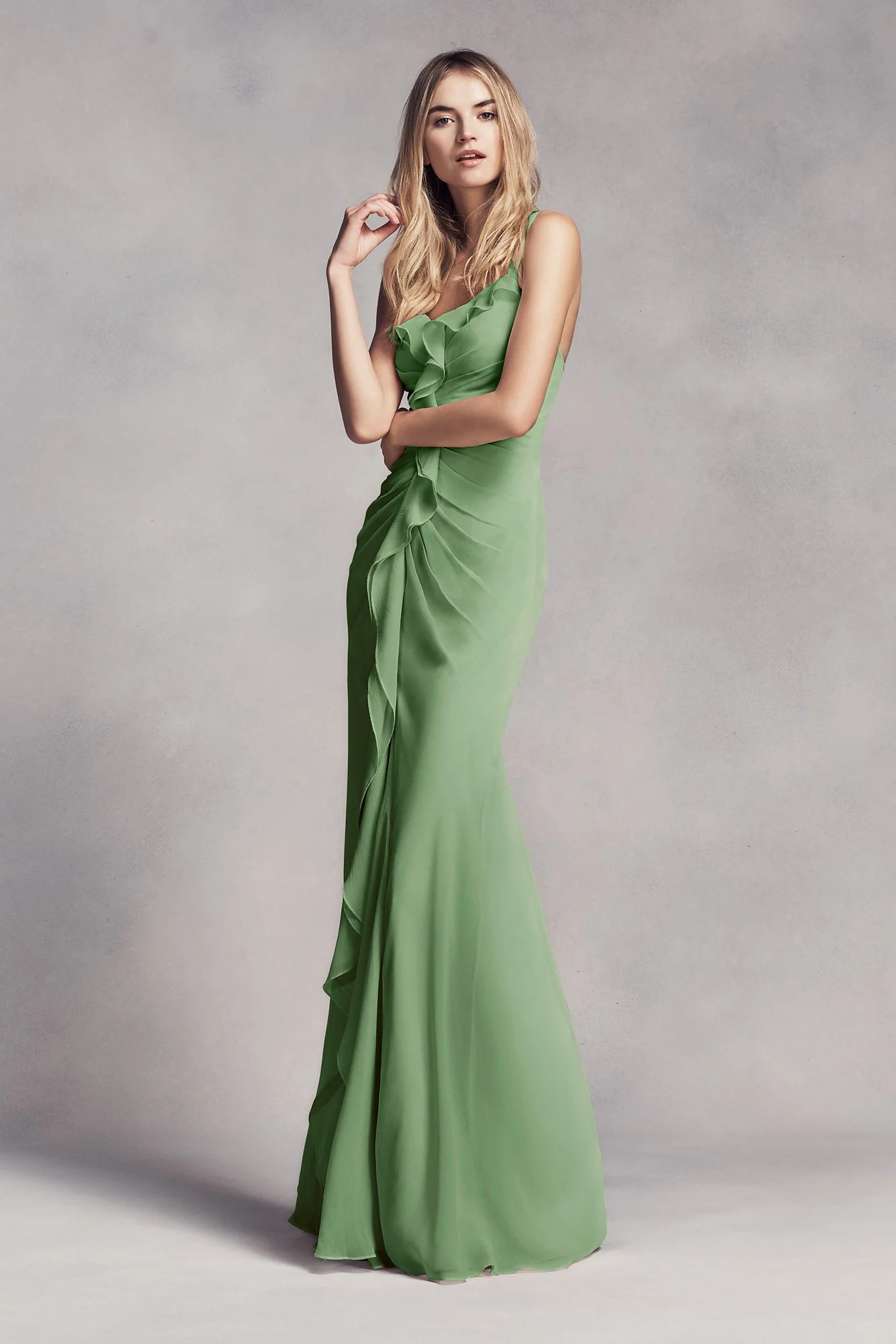 Ruched Long Bridesmaid Dress with Ruffles - Image 25