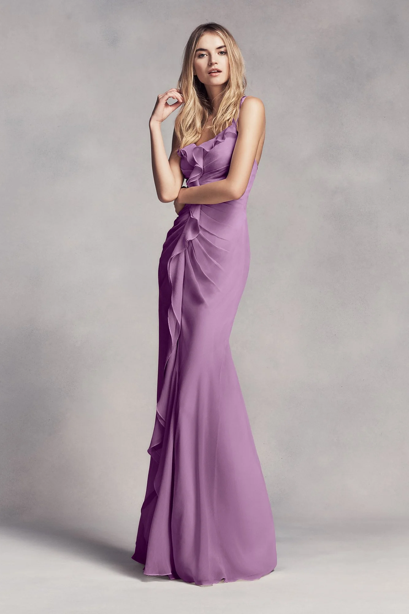 Ruched Long Bridesmaid Dress with Ruffles - Image 26