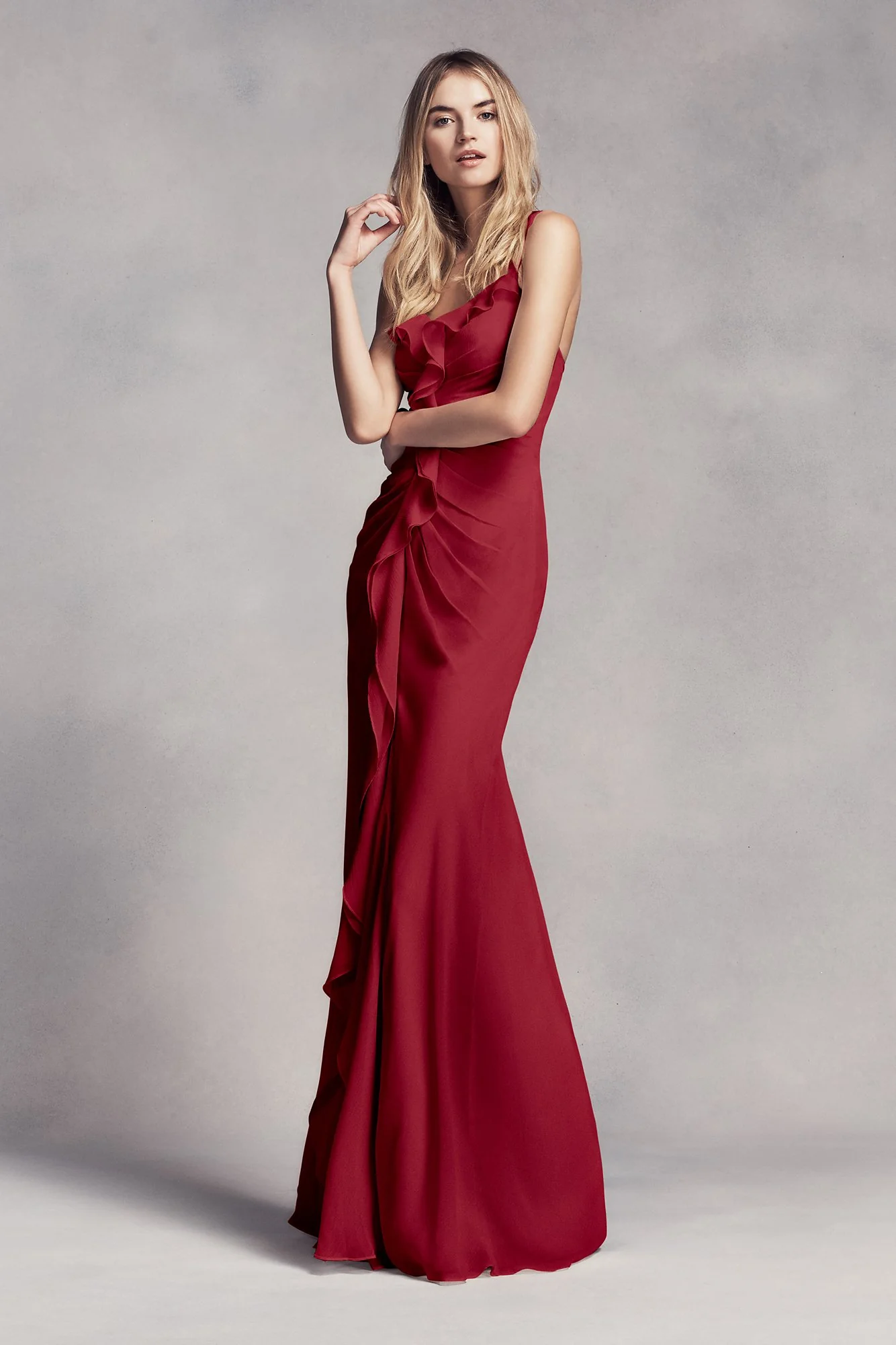 Ruched Long Bridesmaid Dress with Ruffles - Image 28