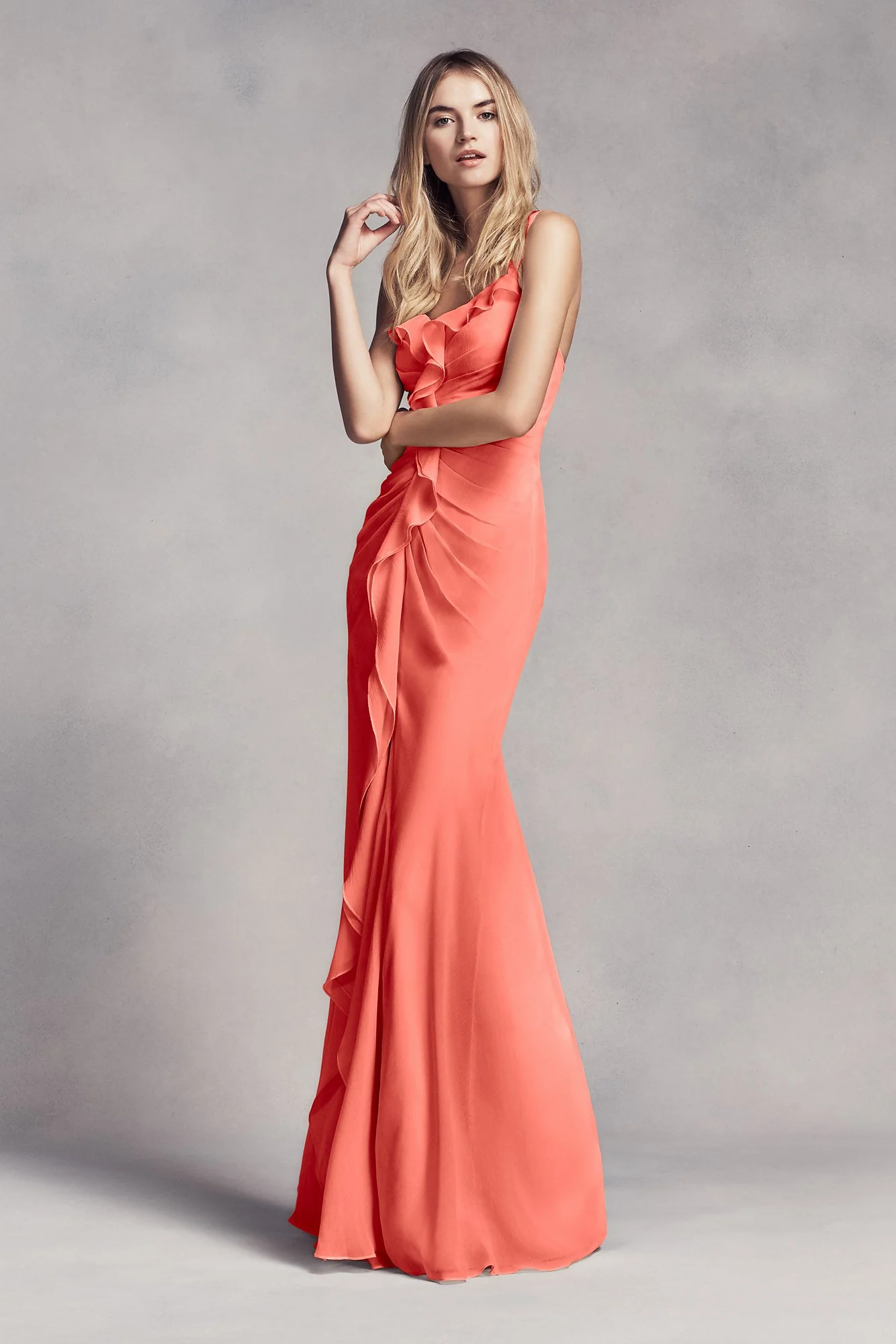 Ruched Long Bridesmaid Dress with Ruffles - Image 29
