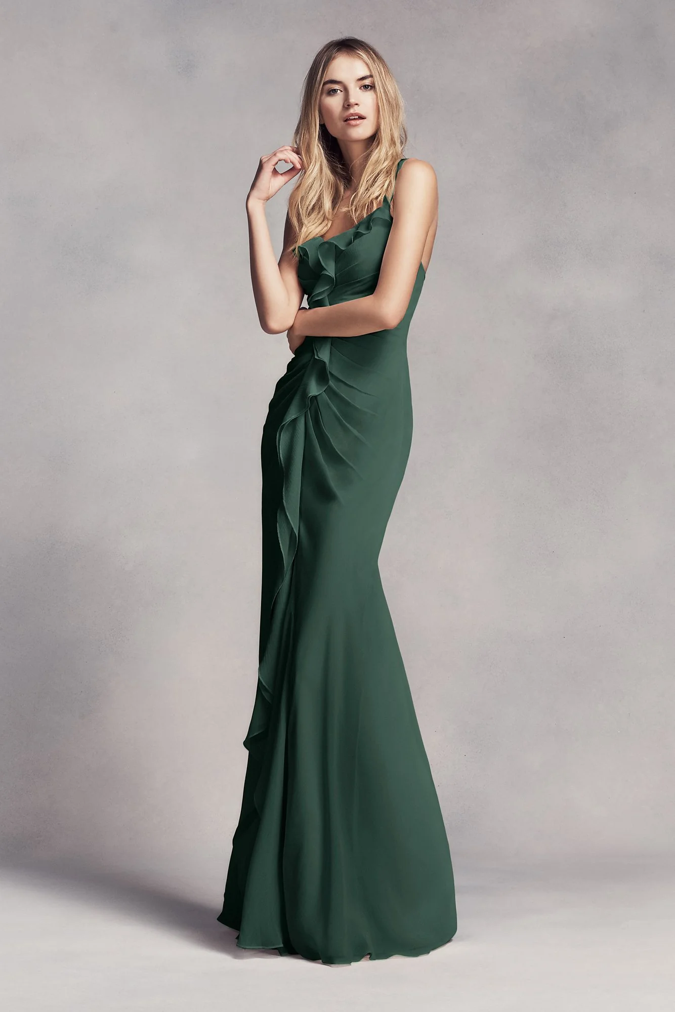 Ruched Long Bridesmaid Dress with Ruffles - Image 30