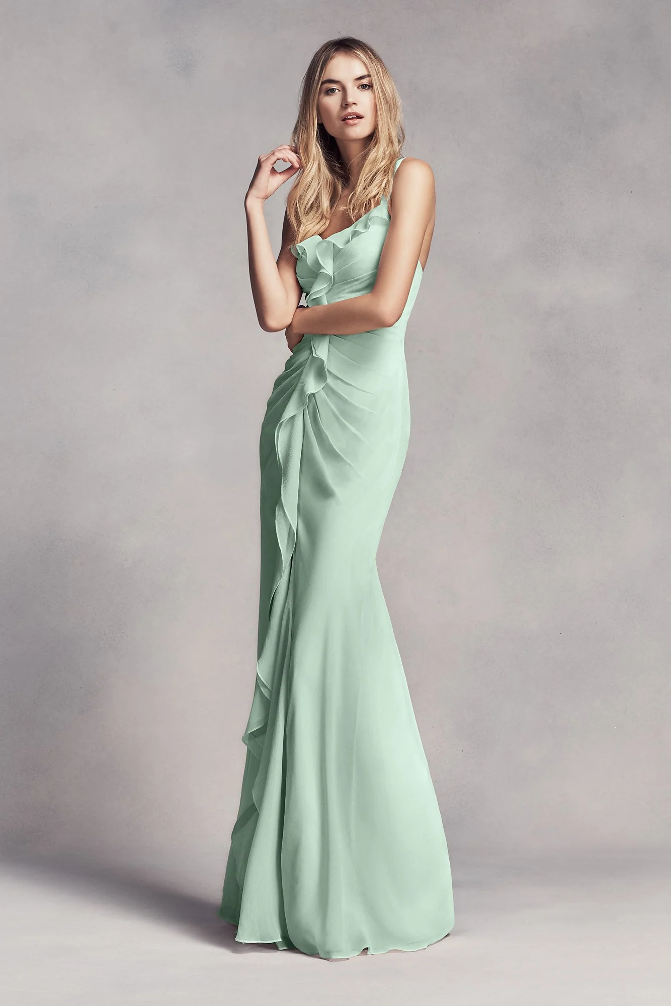 Ruched Long Bridesmaid Dress with Ruffles - Image 31