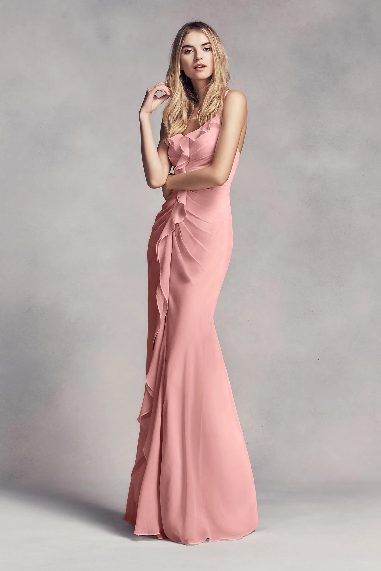 Ruched Long Bridesmaid Dress with Ruffles - Image 32